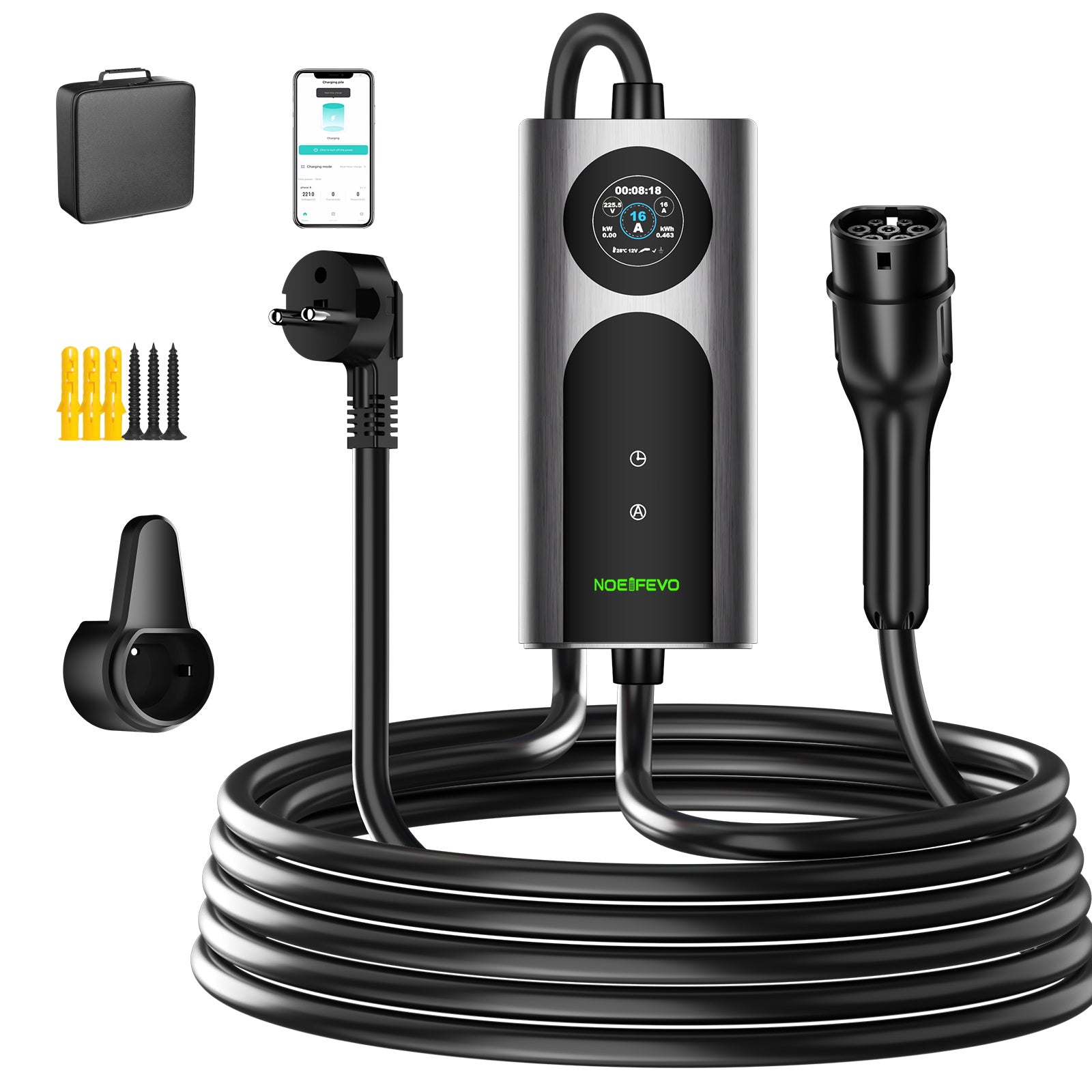 NOEIFEVO 2026 Pro Typ 2 Ladekabel Schuko 220V, 3,7kW Mobile Wallbox mit APP, 6-16A 1-phasig Ladekabel e auto  für Allen EVs(IEC 62196-2) & PHEVS