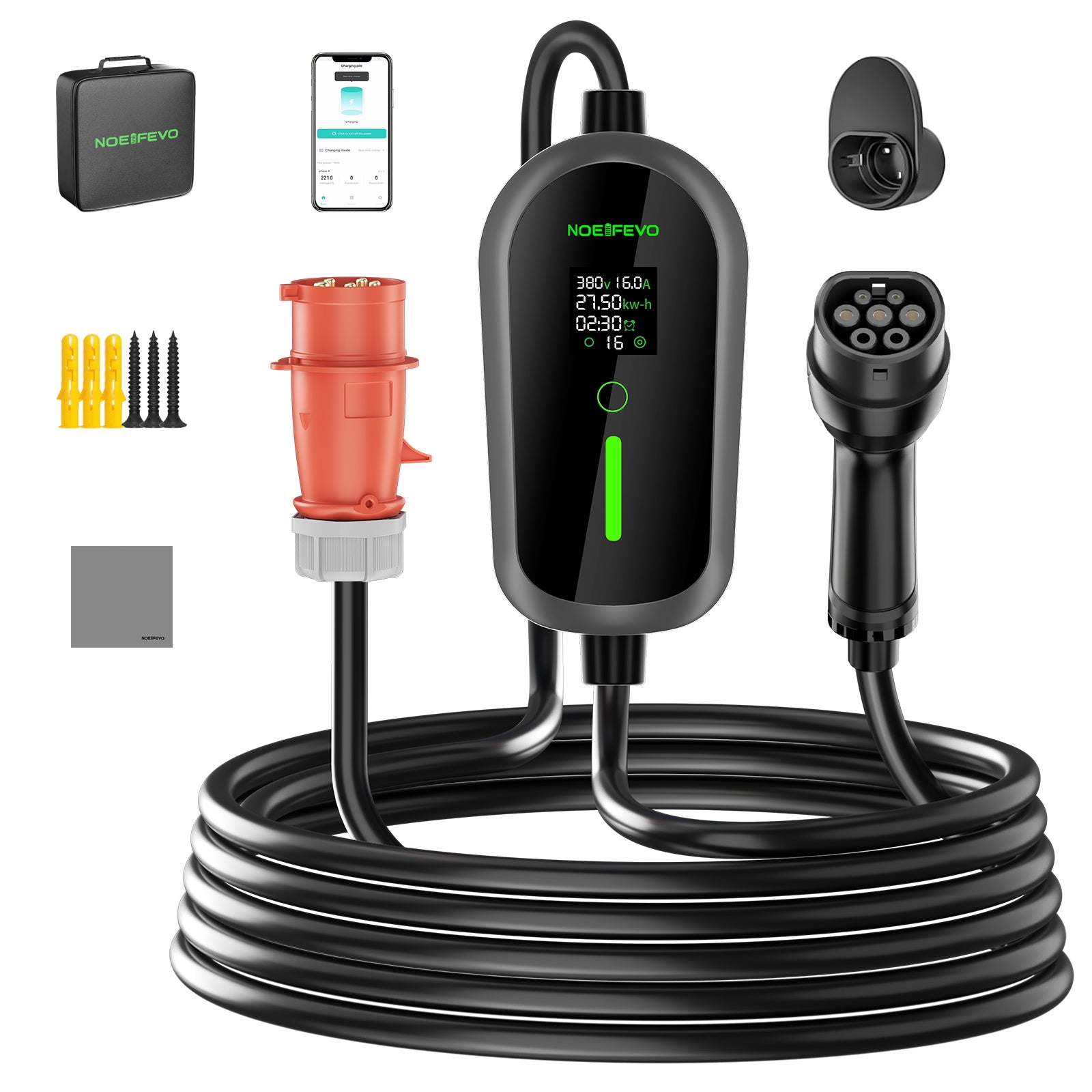 NOEIFEVO F097 EV Mobile Wallbox 11KW mit APP, 3-phasig 6-16A mit Einstellbarer Ladeleistung, Typ2 Ladekabel e auto, EV Ladegerät mit stromzähler