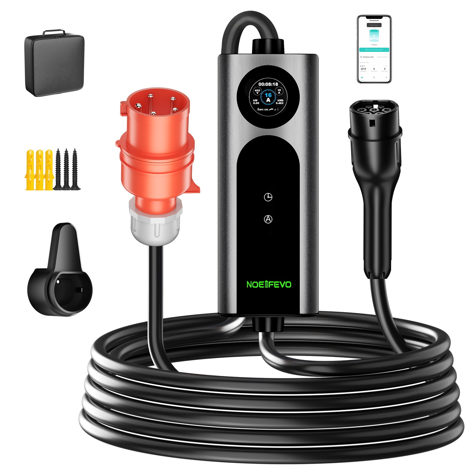 Noeifevo Typ2 Mobile EV Wallbox, 11KW 3-phasig CEE16A Einstellbarer Ladeleistung EV Ladegerät, 5m/10m/15m EV Ladekabel für Model Y/3, ID.3/4/5, MG4, EX30, e-up, e-tron, Zoe und andere EV