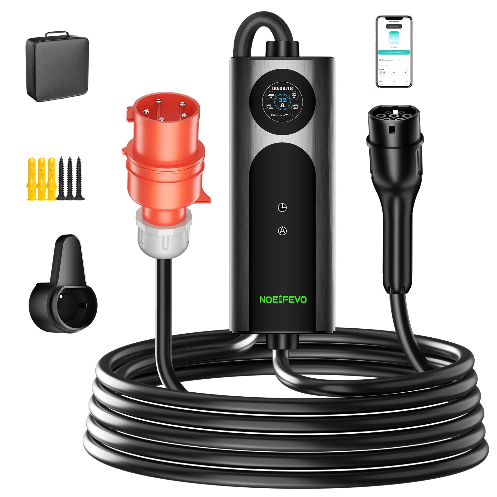 22KW 32A 3 Phase Mobile EV Wallbox, Typ 2 Schnellladegerät für Elektrofahrzeuge, 5Meter Kabel, CEE 32A Stecker