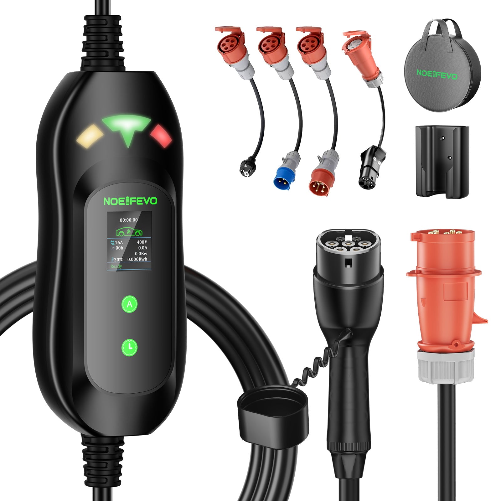 NOEIFEVO Master Traveller EV Wallbox 11kW mit Tesla Unlock-Taste, Mobile Ladestation 3-Phasen 400V (6-16A einstellbar), 5m/10m Type 2 Ladekabel mit EU-Reiseadapter (CEE32/CEE16A/Schuko/Type2 Stecker).