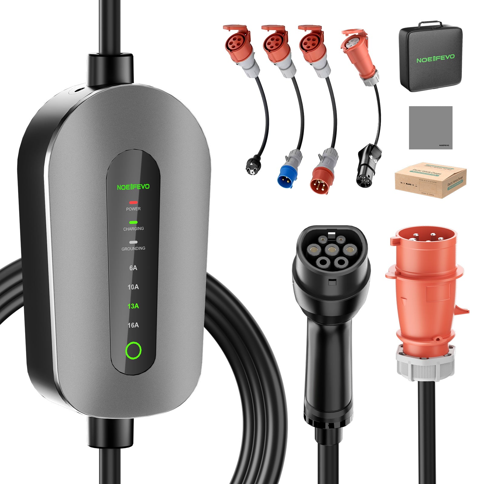NOEIFEVO EV Wallbox 11kW, Mobile Ladestation 3-Phasen 400V (6-16A einstellbar), Type 2 Ladekabel mit EU-Reiseadapter (CEE32/CEE16A/Schuko/Type2 Stecker), für Model Y/3, ID.3/4/5, MG4, EX30, Zoe und andere PHEV/EV.