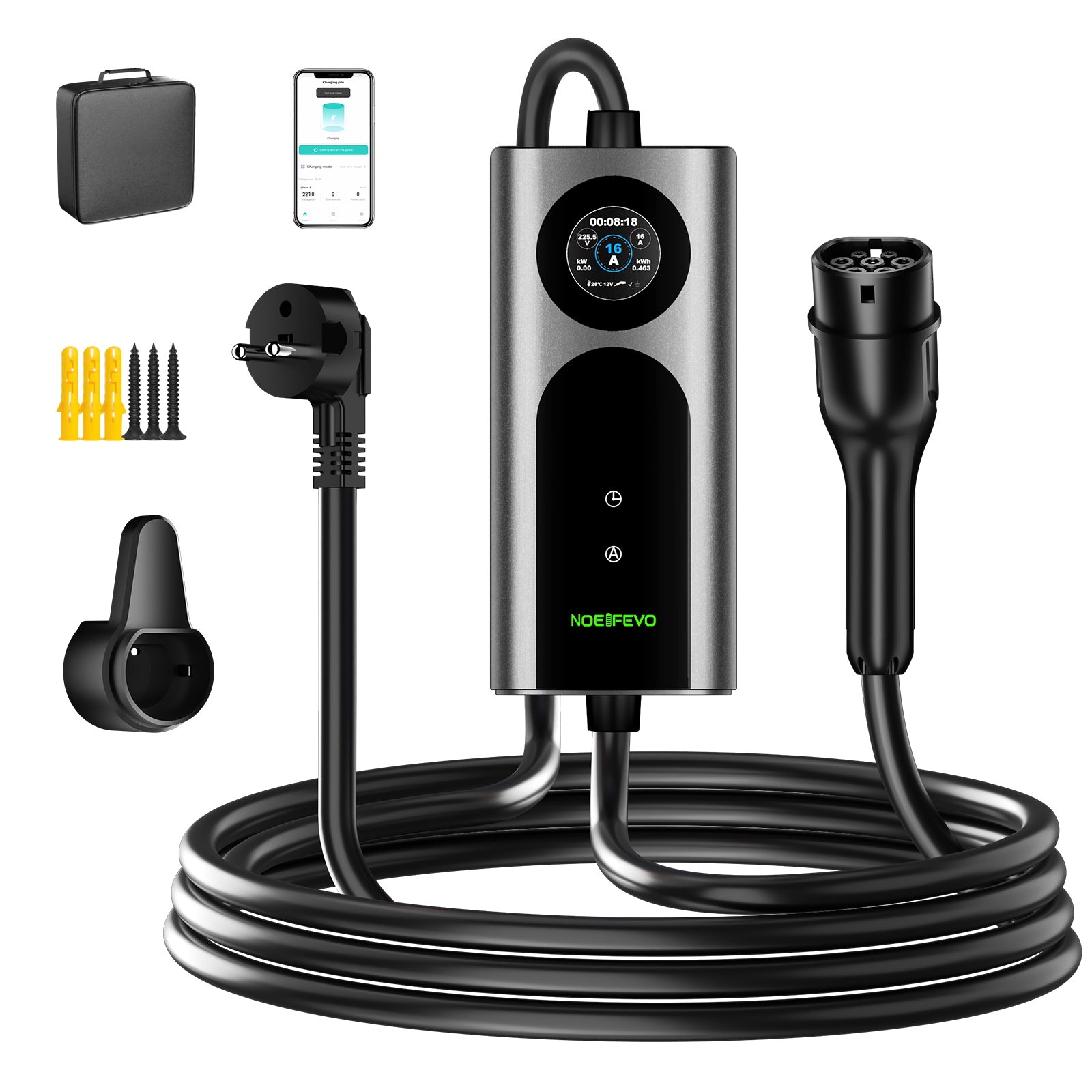 NOEIFEVO 2026 Pro Typ 2 Ladekabel Schuko 220V, 3,7kW Mobile Wallbox mit APP, 6-16A 1-phasig Ladekabel e auto  für Allen EVs(IEC 62196-2) & PHEVS