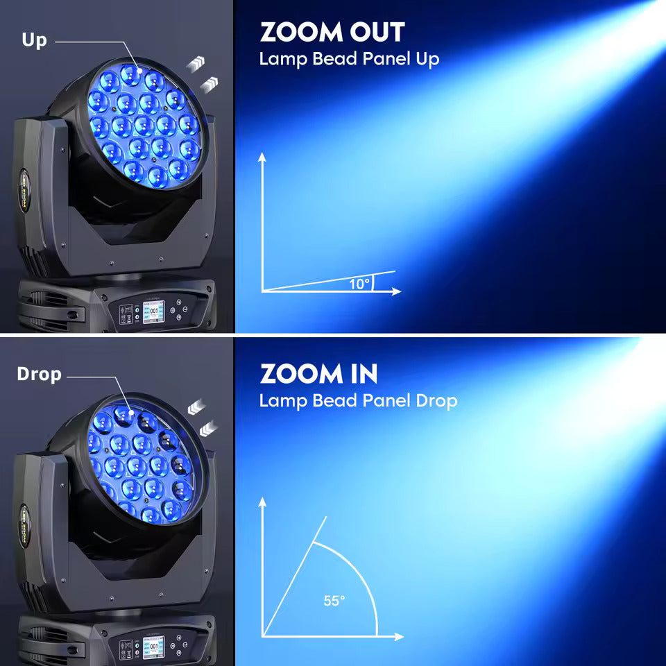 19 x 15W Beam Moving Head Party Licht, 4 in 1 RGBW LED Beleuchtung, Zoom Wash Lichter, DMX-Bühneneffektbeleuchtung für Disco, Party, Konzert und Theater