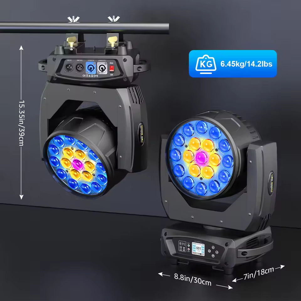 19 x 15W Beam Moving Head Party Licht, 4 in 1 RGBW LED Beleuchtung, Zoom Wash Lichter, DMX-Bühneneffektbeleuchtung für Disco, Party, Konzert und Theater