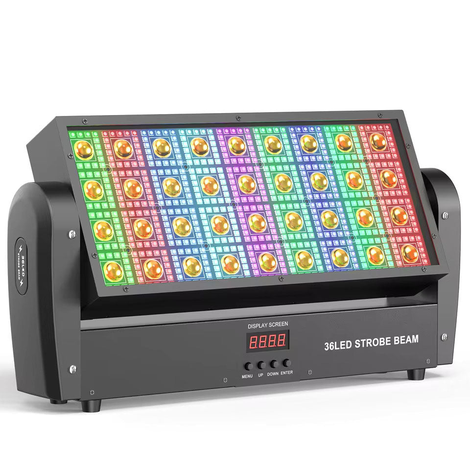 Svingende kvadratiske stroboskop-scenelys med 36 varmhvite LED-er og 648 RGB-lysgardiner (5050) til fester