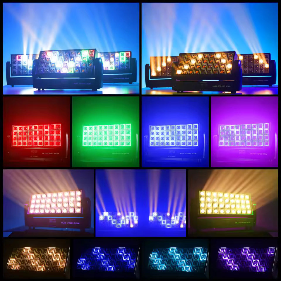 Svingende kvadratiske stroboskop-scenelys med 36 varmhvite LED-er og 648 RGB-lysgardiner (5050) til fester