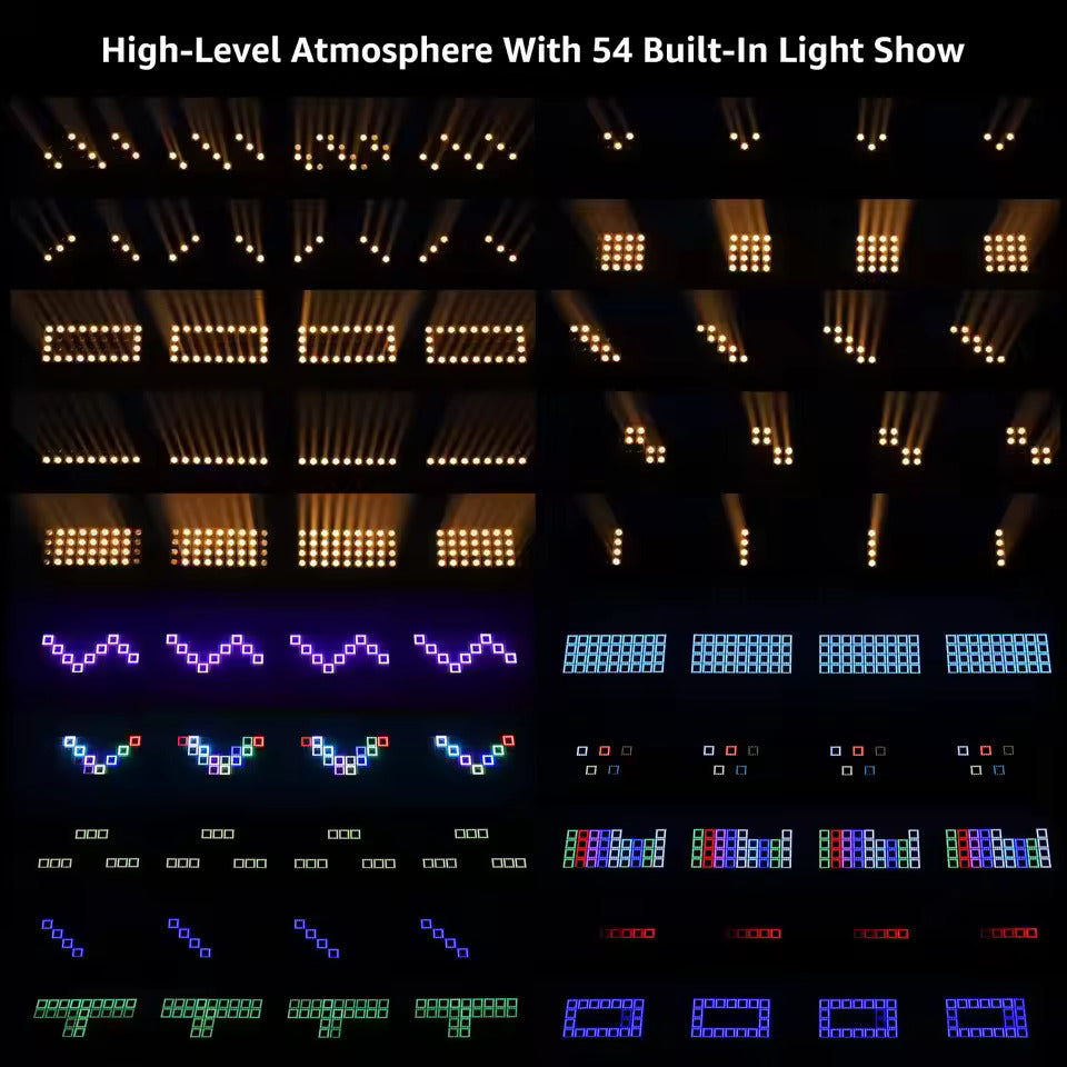 Svingende kvadratiske stroboskop-scenelys med 36 varmhvite LED-er og 648 RGB-lysgardiner (5050) til fester