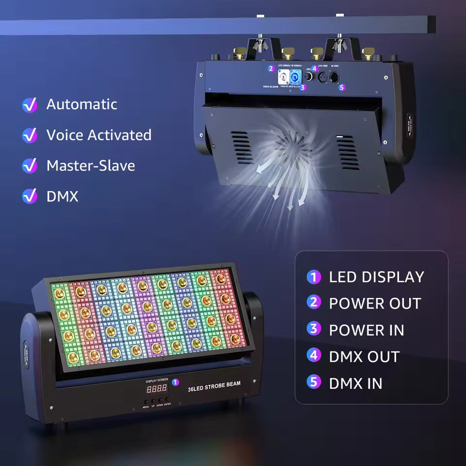Svingende kvadratiske stroboskop-scenelys med 36 varmhvite LED-er og 648 RGB-lysgardiner (5050) til fester