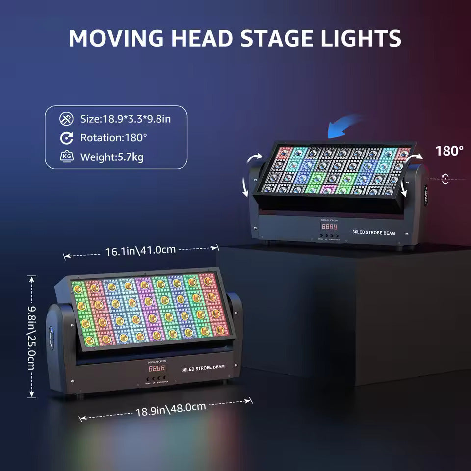 Svingende kvadratiske stroboskop-scenelys med 36 varmhvite LED-er og 648 RGB-lysgardiner (5050) til fester