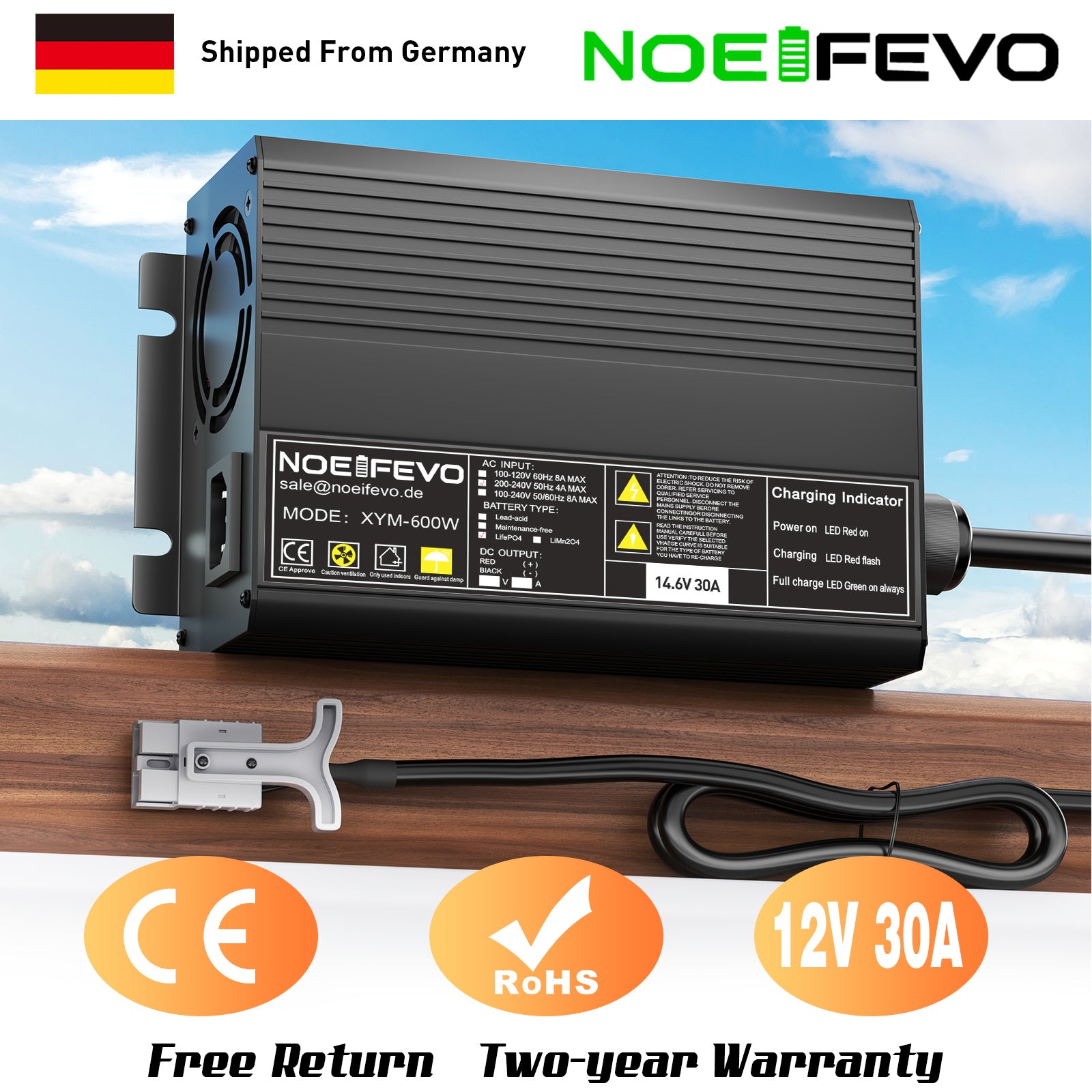 Noeifevo 12V 12.8V 30A Lithium LiFePO4 Akku Ladegerät, Ladespannung 14,6V, 0V BMS-Aktivierung, automatische Abschaltung, Aluminiumgehäuse