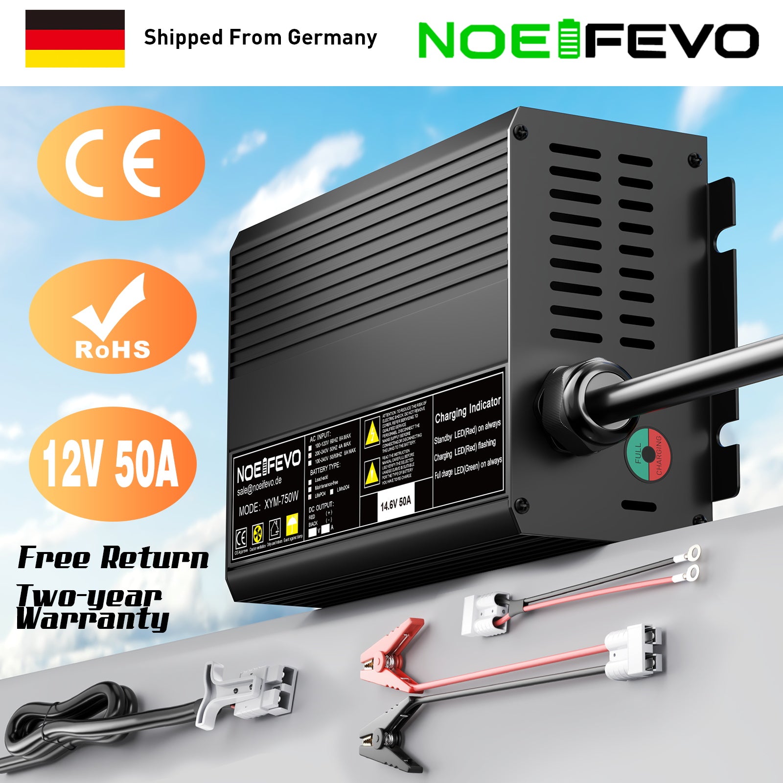 Noeifevo 14.6V 50A Schnelles Lithium LiFePO4 Batterieladegerät für 12V(12.8V) LiFePO4 Batterie, 0V BMS Aktivieren, Automatische Abschaltung mit Vollschutz