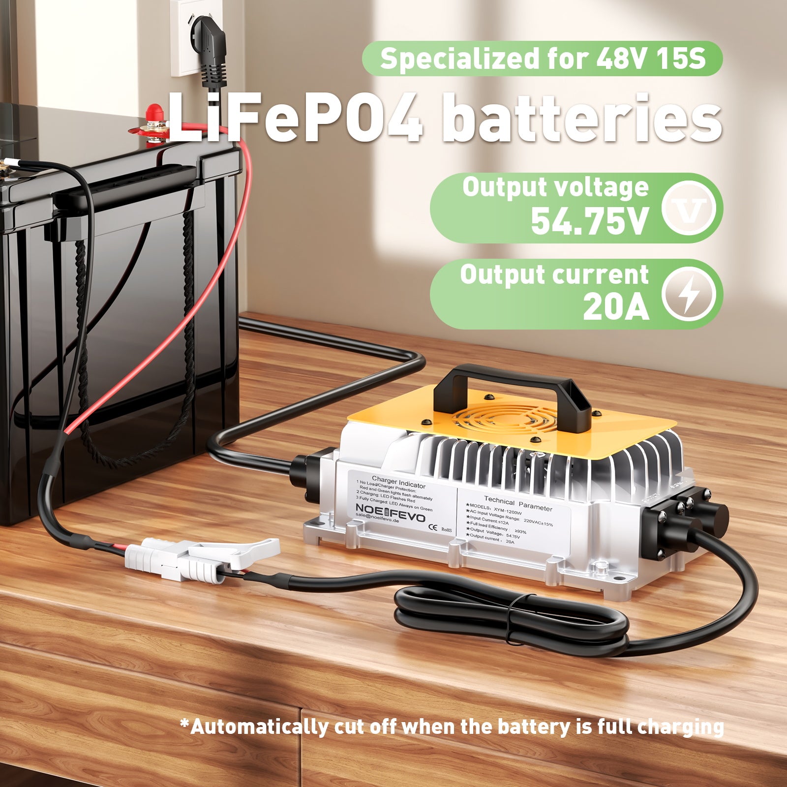 NOEIFEVO 54.75V 20A LiFePO4 Batterieladegerät für 48V 15S Lithium Akku,Wasserdicht, 0V BMS-Aktivierung, automatische Abschaltung