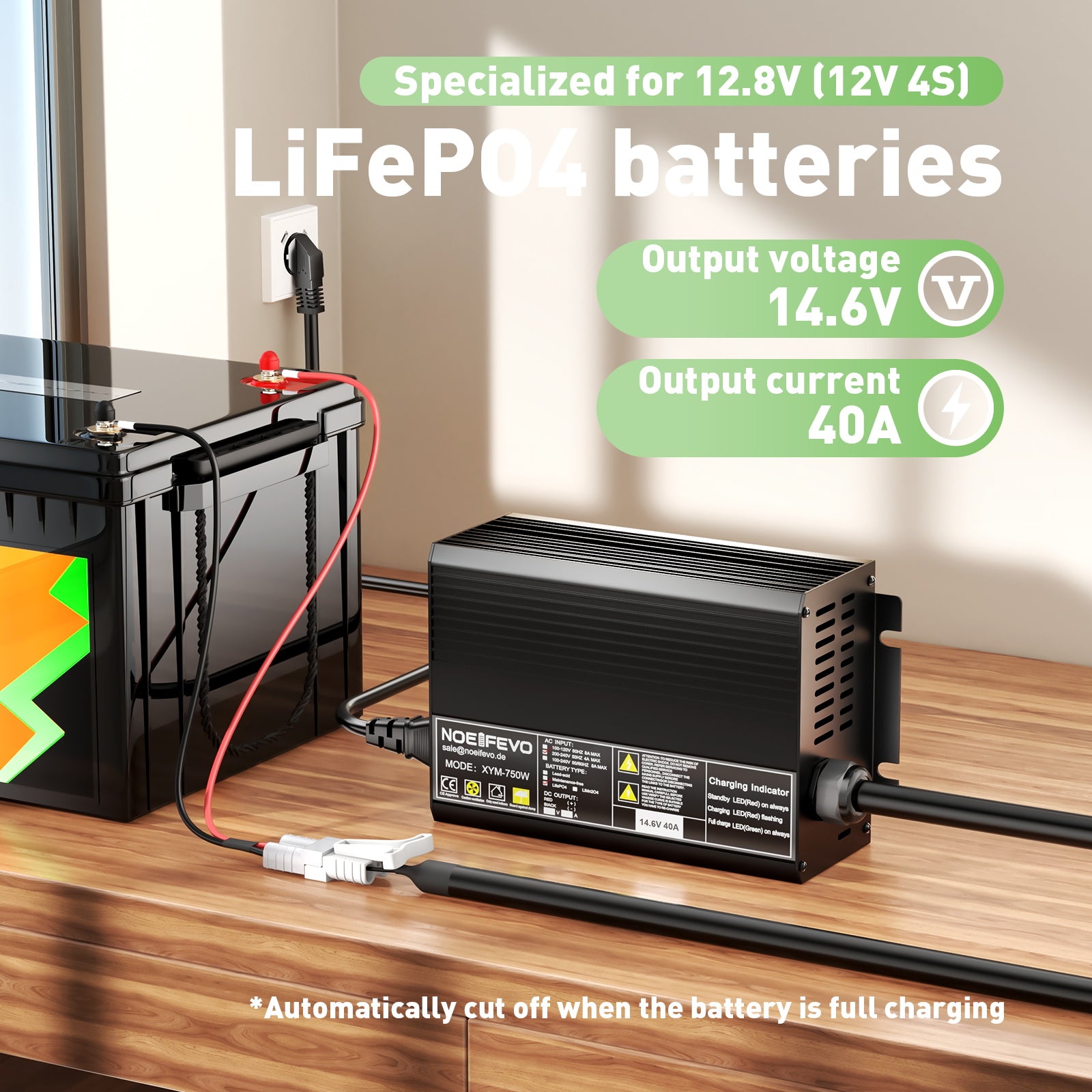 Noeifevo 14.6V 40A LiFePO4 Akku ladegerät für Schnellladegerät für 12V(12.8V) Lithium LiFePO4 200Ah Batterie, automatische Abschaltung mit vollem Schutz