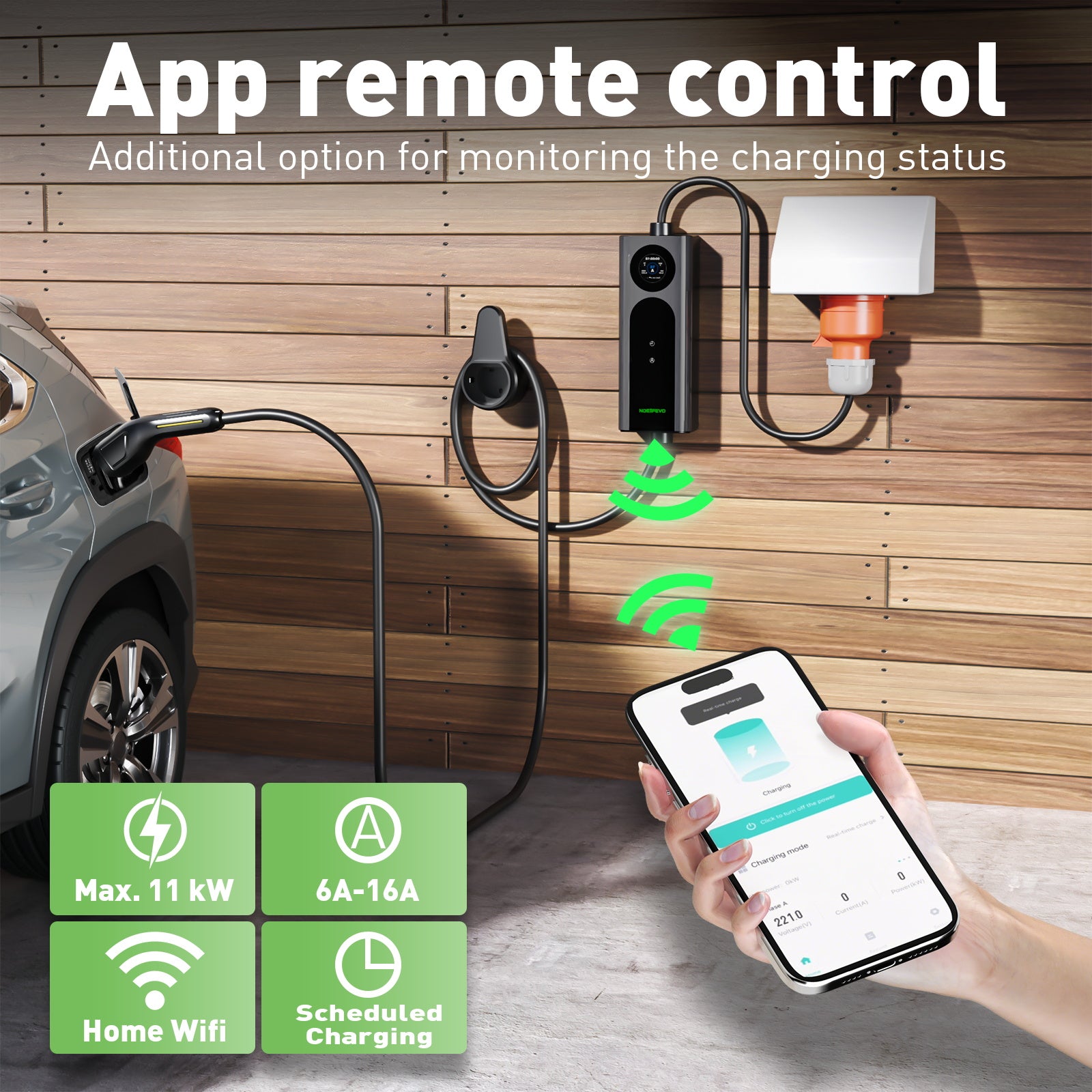 NOEIFEVO Mobile Wallbox 11kW mit APP [5m/10m | 3-phasig | 6–16 A], Ladekabel e Auto CEE-16A 400V auf Typ 2 mit Einstellbarer Ladeleistung, EV-Ladegerät für ID.3/4/5/7, IX1, Model 3/Y und andere BEV/PHEV