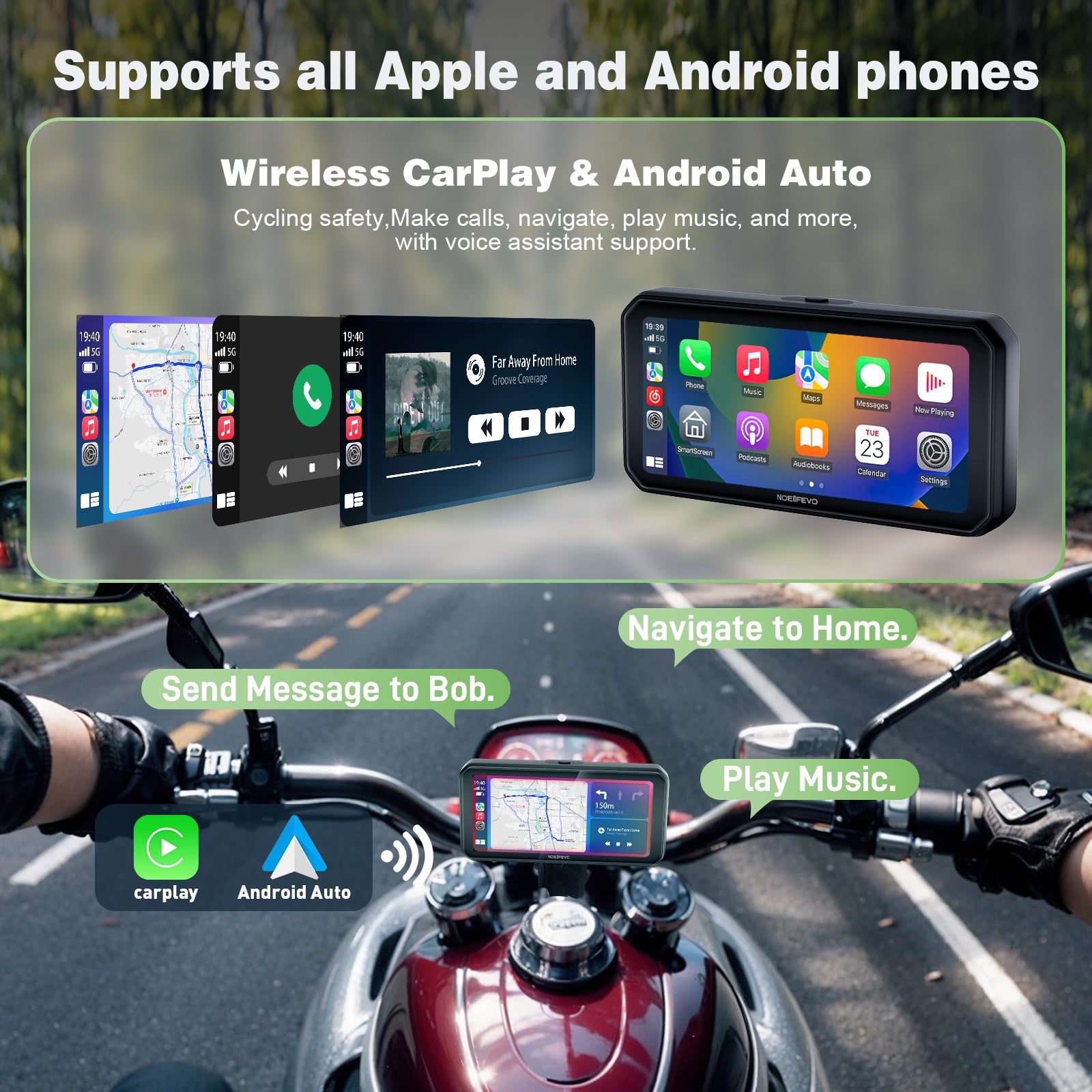 NOEIFEVO MT9B Motorrad-Carplay-Bildschirm mit Toter-Winkel-Erkennungsfunktion, kabelloses CarPlay und Android-Auto, tragbarer wasserdichter 6,3-Zoll-Touchscreen, verbessertes Dual-Bluetooth, Navigation