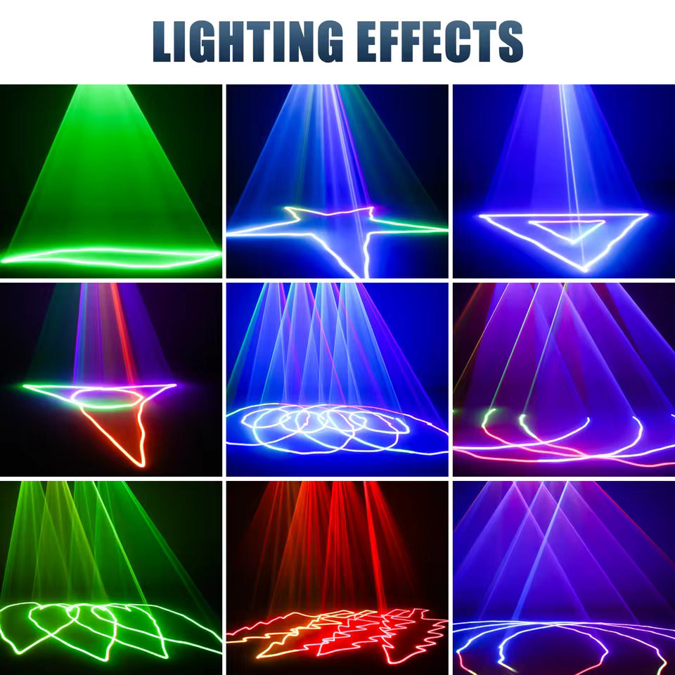 Laser-scene-projektor med RGB-laserskanningseffekter, LED-interiørbelysning for scene – ideell for DJs, diskotek, bursdag- og bryllupsfester. Støtter DMX512 og lydaktiv drift