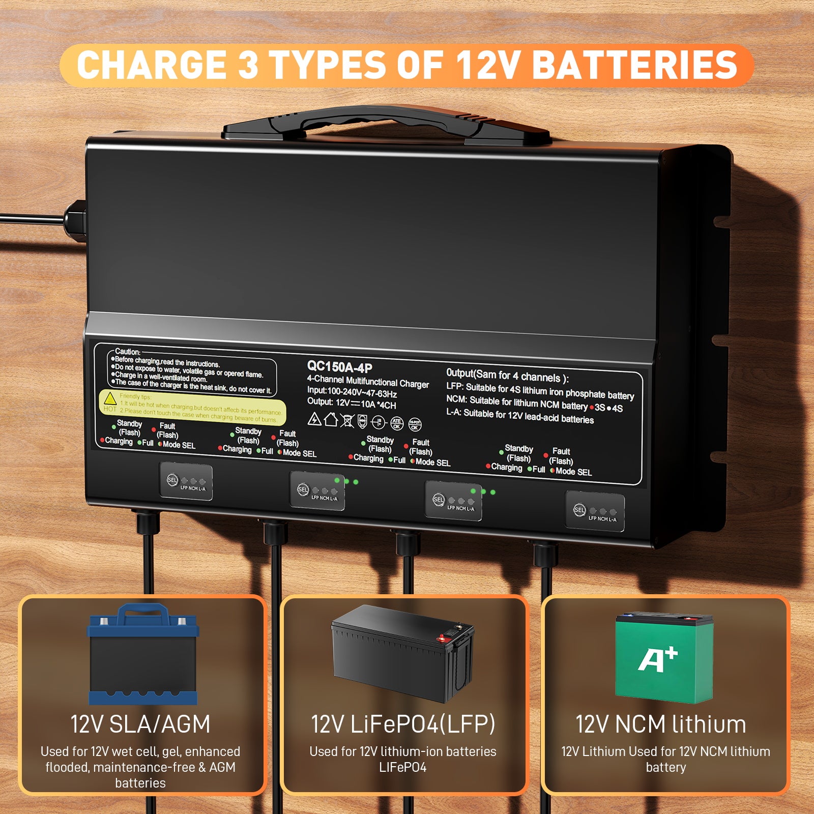 NOEIFEVO 12V 40A 4-Bank (10A/Bank) Universal-Batterieladegerät, 12V wasserdichtes LiFePO4-Lithium-Blei-Säure-Ladegerät für Wohnmobil, Boot, Motorrad, Rasenmäher, Trolling-Motor und Blei-Säure-Batterie