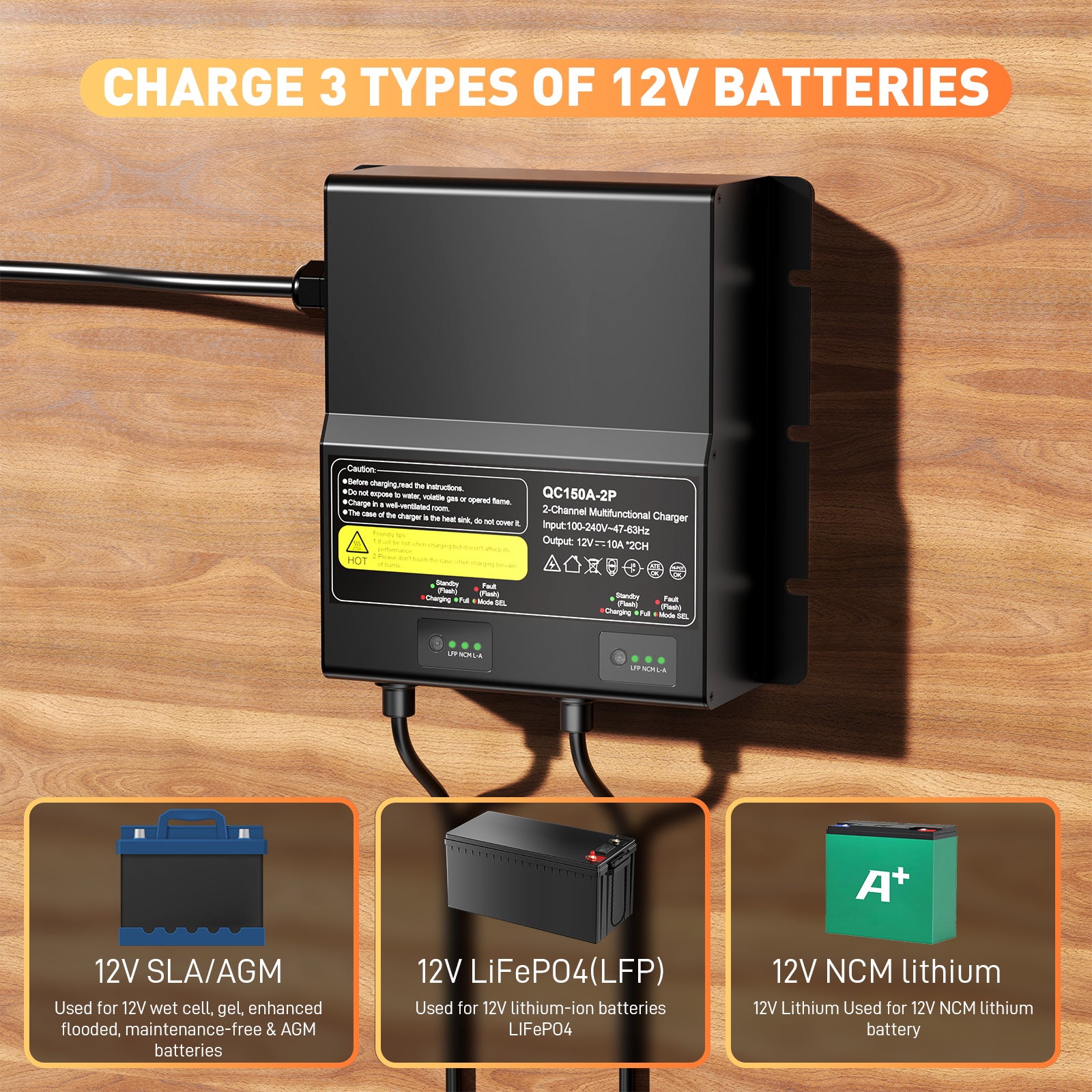 NOEIFEVO 12V 20A 2-Bank (10A/Bank) Universal-Batterieladegerät, 12V wasserdichtes LiFePO4-Lithium-Blei-Säure-Ladegerät für Wohnmobil, Boot, Motorrad, Rasenmäher, Trolling-Motor und Blei-Säure-Batterie