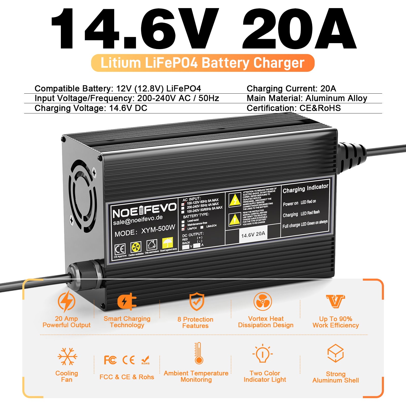 Noeifevo 14.6V 20A LiFePO4 Akku Ladegerät für 12V 12.8V LiFePO4 Lithium Batterie, 0V BMS Aktivieren, Automatische Abschaltung,Aluminiumlegierung Gehäuse