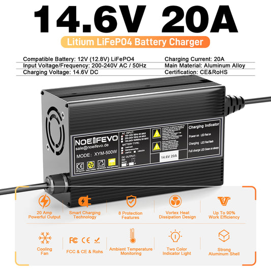 Chargeur de batterie Noeifevo 14,6 V 20 A pour batteries lithium LiFePO4 12 V et 12,8 V, activation BMS 0 V, arrêt automatique, boîtier en alliage d'aluminium