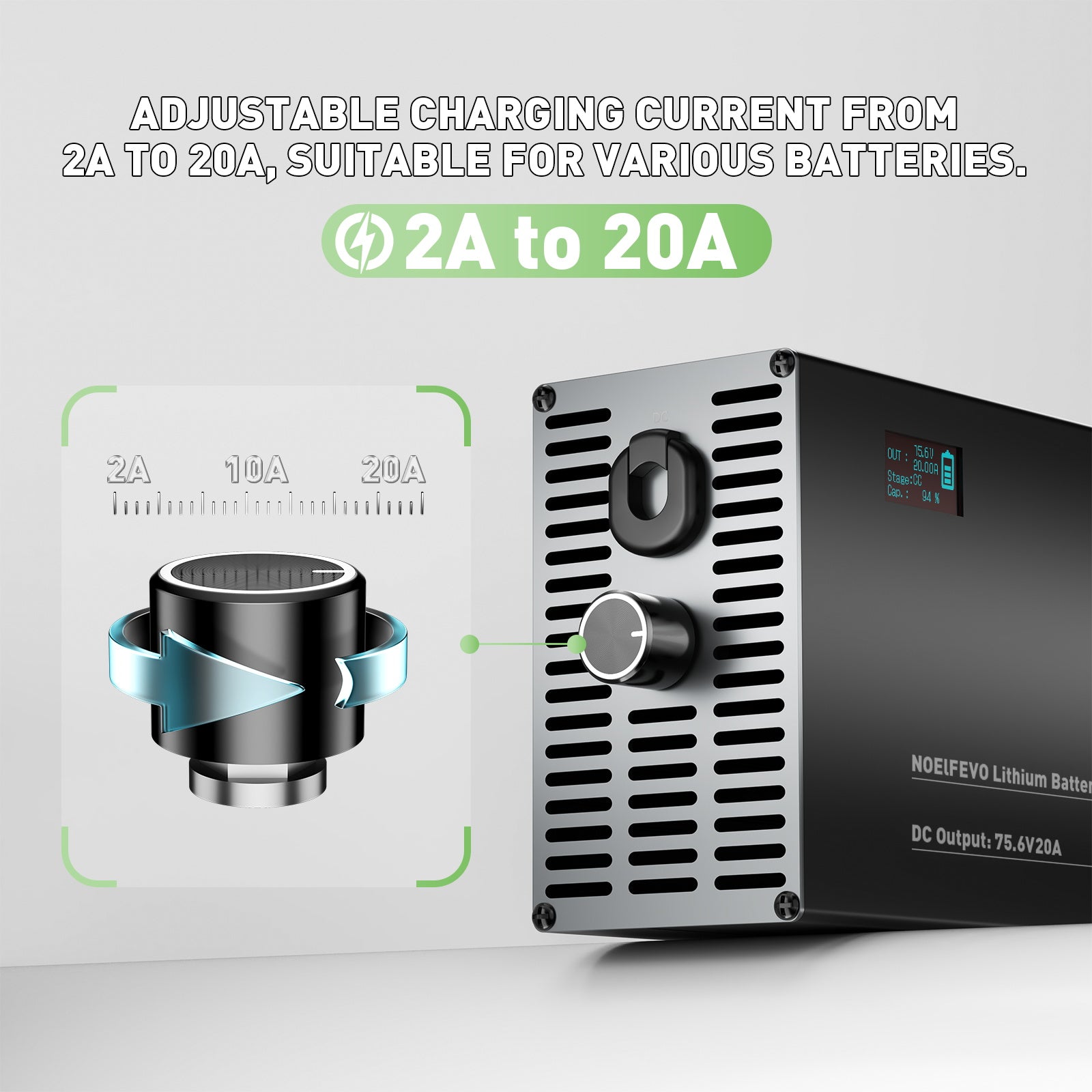 NOEIFEVO 75.6V 2-20A Lithium-Batterieladegerät für 66.6V 18S Lithium-Li-Ionen-Lipo-Batterie, LCD-Anzeige, Strom einstellbar, Ladegerät für E-Bike, Roller, Elektromotorrad