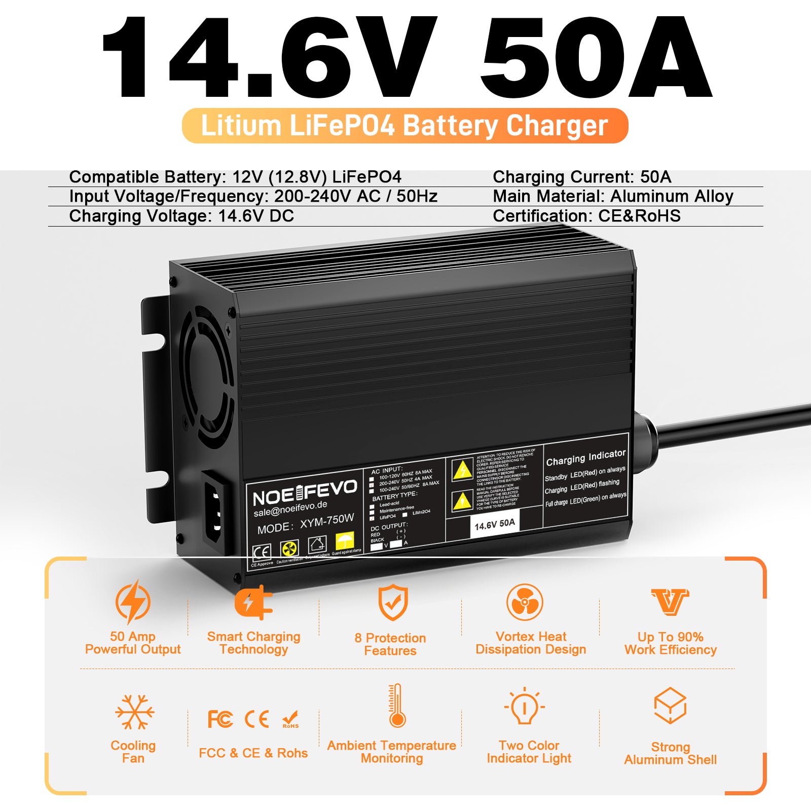 Noeifevo 14.6V 50A Schnelles Lithium LiFePO4 Batterieladegerät für 12V(12.8V) LiFePO4 Batterie, 0V BMS Aktivieren, Automatische Abschaltung mit Vollschutz