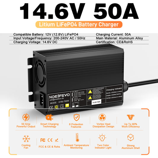 Noeifevo 14,6 V 50A LiFePO4 lithium au rapide batterie  de Chargeur  pour batterie LiFePO4 12 V (12,8 V), activation BMS 0 V, arrêt automatique avec protection complète