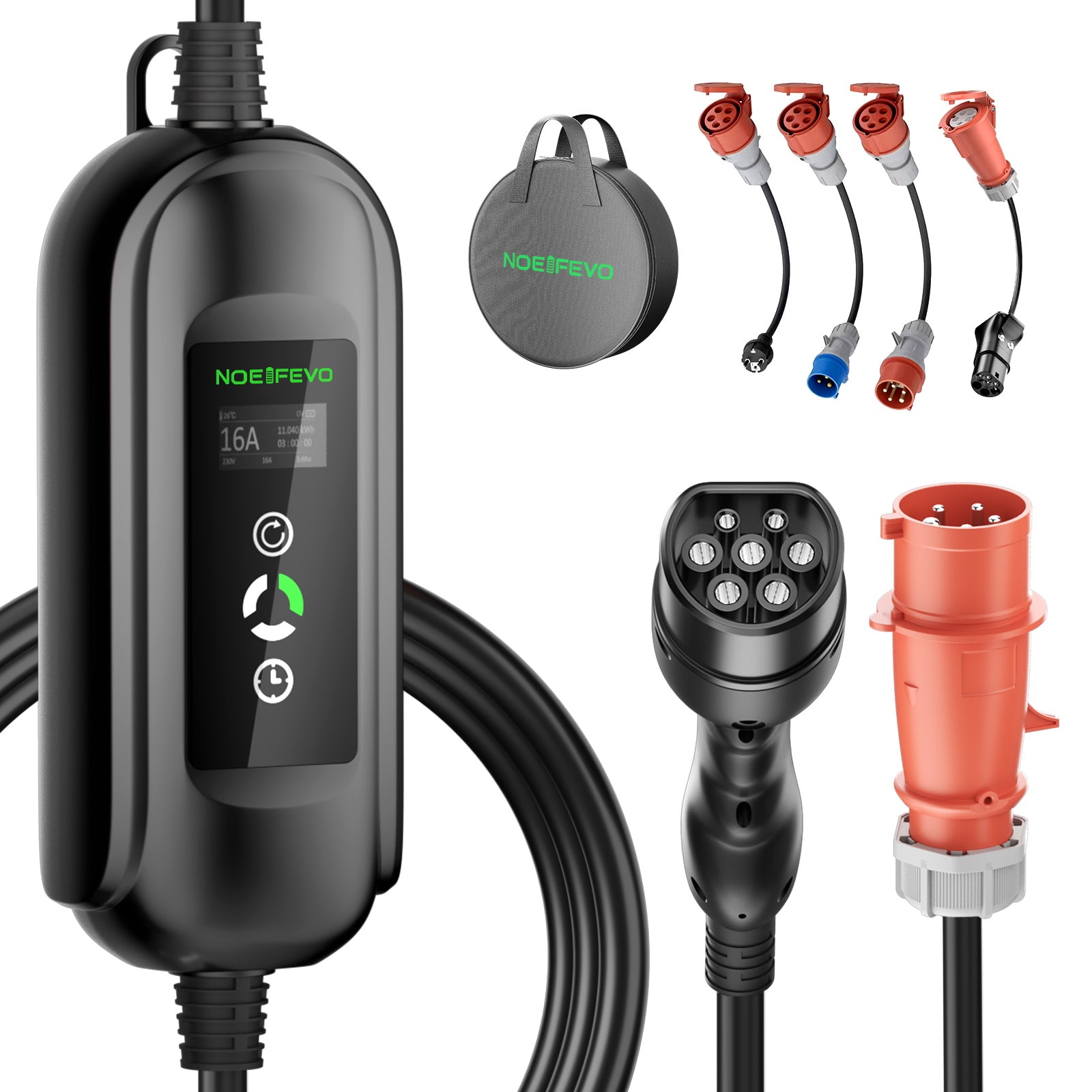 NOEIFEVO Mobile Wallbox/Ladestation 11kW [3-phasig|5m|6-16A] mit Traveller Adapter Set, Ladekabel CEE 16A auf Typ 2 und EV Ladegerät für Model Y/3, ID.3/4/5, MG4, EX30, e-up, e-tron, Zoe und andere EV