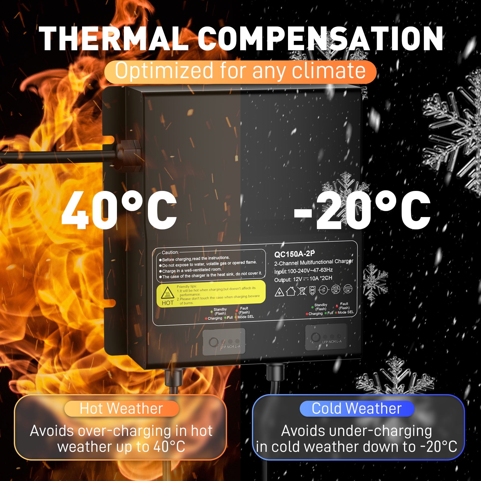 NOEIFEVO 12V 20A 2-Bank (10A/Bank) Universal-Batterieladegerät, 12V wasserdichtes LiFePO4-Lithium-Blei-Säure-Ladegerät für Wohnmobil, Boot, Motorrad, Rasenmäher, Trolling-Motor und Blei-Säure-Batterie