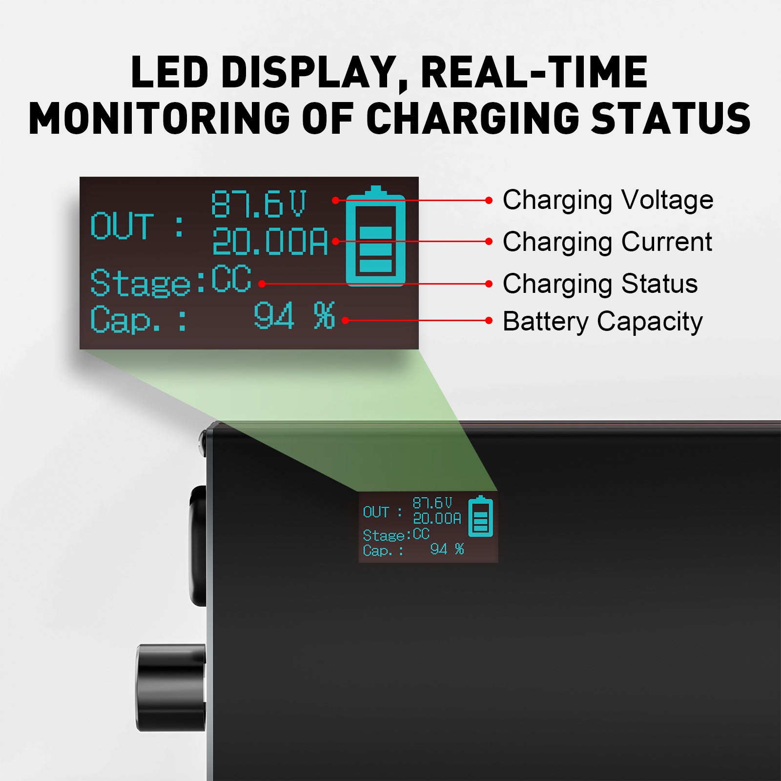 NOEIFEVO 87.6V 2-20A Lithium-LiFePO4-Akkuladegerät für 76.8V 24S LiFePO4-Akku, LCD-Anzeige, Strom einstellbar, Ladegerät für Trolling-Motor, Boot und Wohnmobile