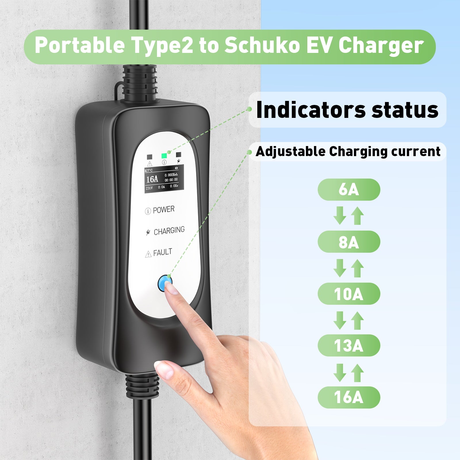 Tragbares Type2 3.6KW 16A EV-Ladegerät, 5 Meter mobiles EV-Ladekabel mit Schuko