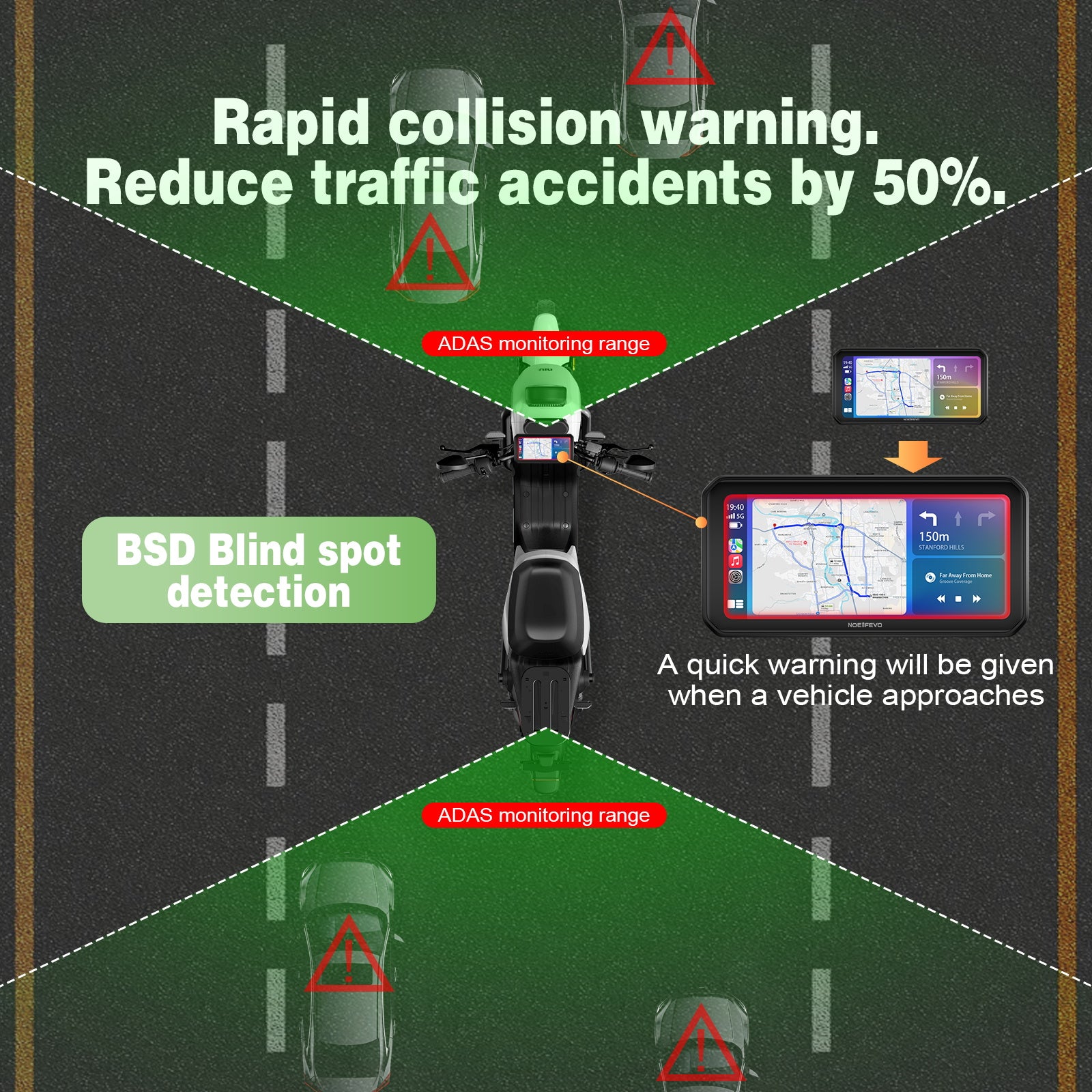 NOEIFEVO MT9B Motorrad-Carplay-Bildschirm mit Toter-Winkel-Erkennungsfunktion, kabelloses CarPlay und Android-Auto, tragbarer wasserdichter 6,3-Zoll-Touchscreen, verbessertes Dual-Bluetooth, Navigation