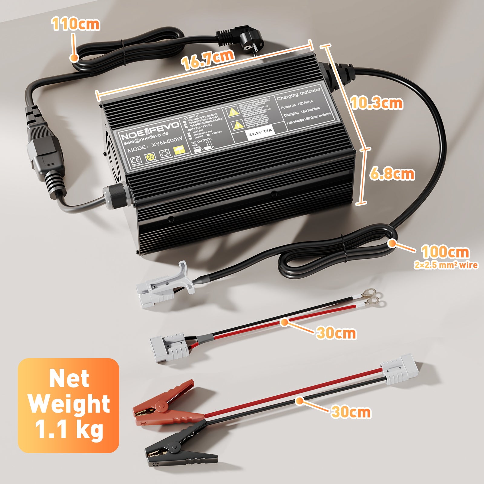 Noeifevo 29.2V 15A LiFePO4 Akku Ladegerät für 24V 25.6V Lithium Batterie,0V BMS Aktivieren, Automatische Abschaltung mit Vollschutz