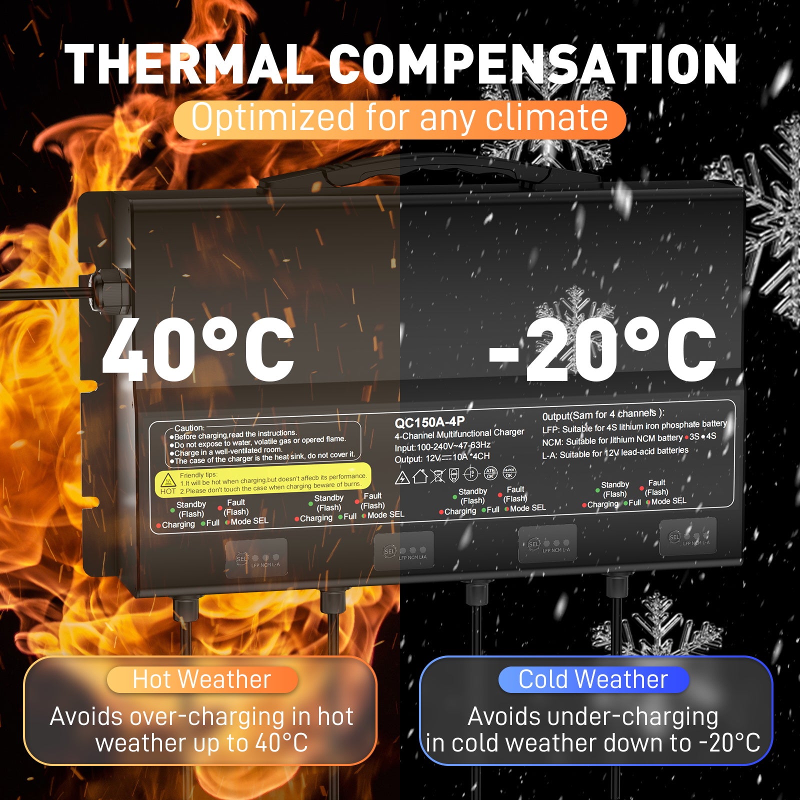NOEIFEVO 12V 40A 4-Bank (10A/Bank) Universal-Batterieladegerät, 12V wasserdichtes LiFePO4-Lithium-Blei-Säure-Ladegerät für Wohnmobil, Boot, Motorrad, Rasenmäher, Trolling-Motor und Blei-Säure-Batterie