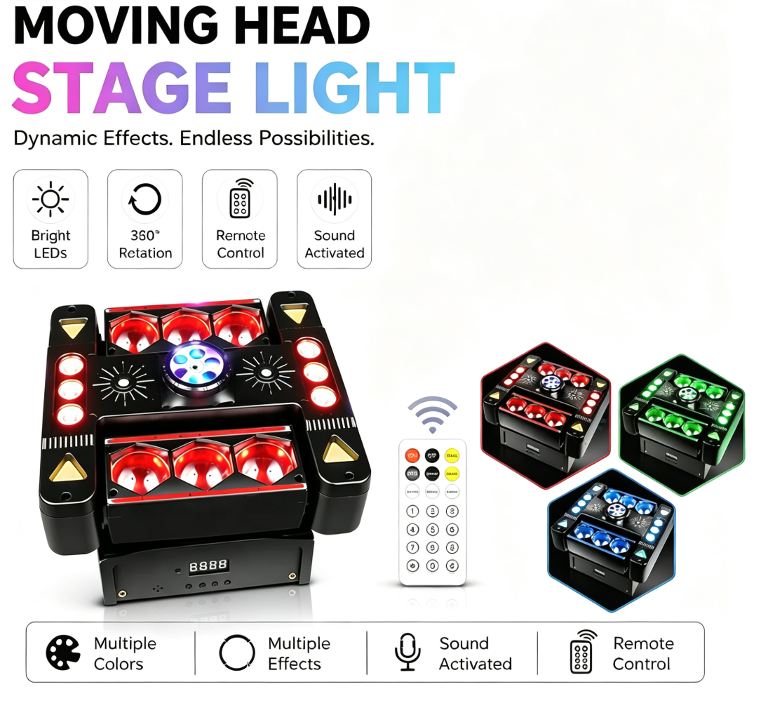 80W 6-ramenné RGB párty svetlo 360° Moving Head DJ pódiový reflektor s DMX512 a ovládaním hudbou – disko svetlo pre klub, párty, koncert, bar a Vianoce