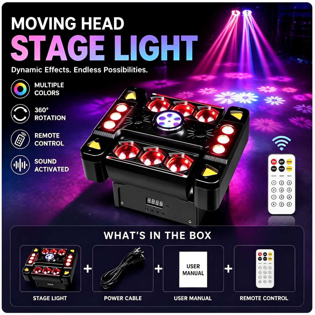 80W 6-ramenné RGB párty svetlo 360° Moving Head DJ pódiový reflektor s DMX512 a ovládaním hudbou – disko svetlo pre klub, párty, koncert, bar a Vianoce