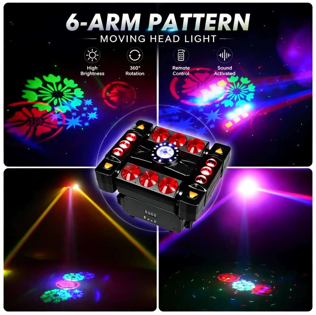 80W 6-ramenné RGB párty svetlo 360° Moving Head DJ pódiový reflektor s DMX512 a ovládaním hudbou – disko svetlo pre klub, párty, koncert, bar a Vianoce