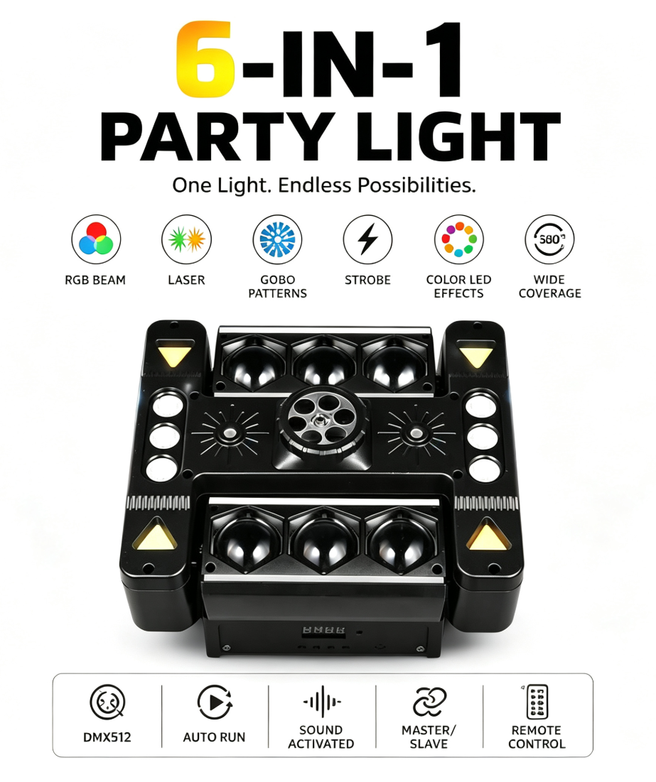 80W 6-ramenné RGB párty svetlo 360° Moving Head DJ pódiový reflektor s DMX512 a ovládaním hudbou – disko svetlo pre klub, párty, koncert, bar a Vianoce