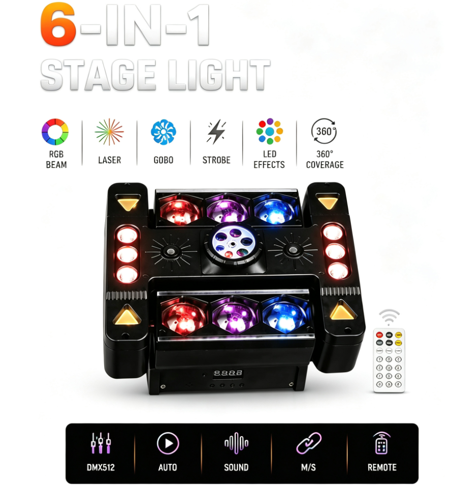 80W 6-ramenné RGB párty svetlo 360° Moving Head DJ pódiový reflektor s DMX512 a ovládaním hudbou – disko svetlo pre klub, párty, koncert, bar a Vianoce