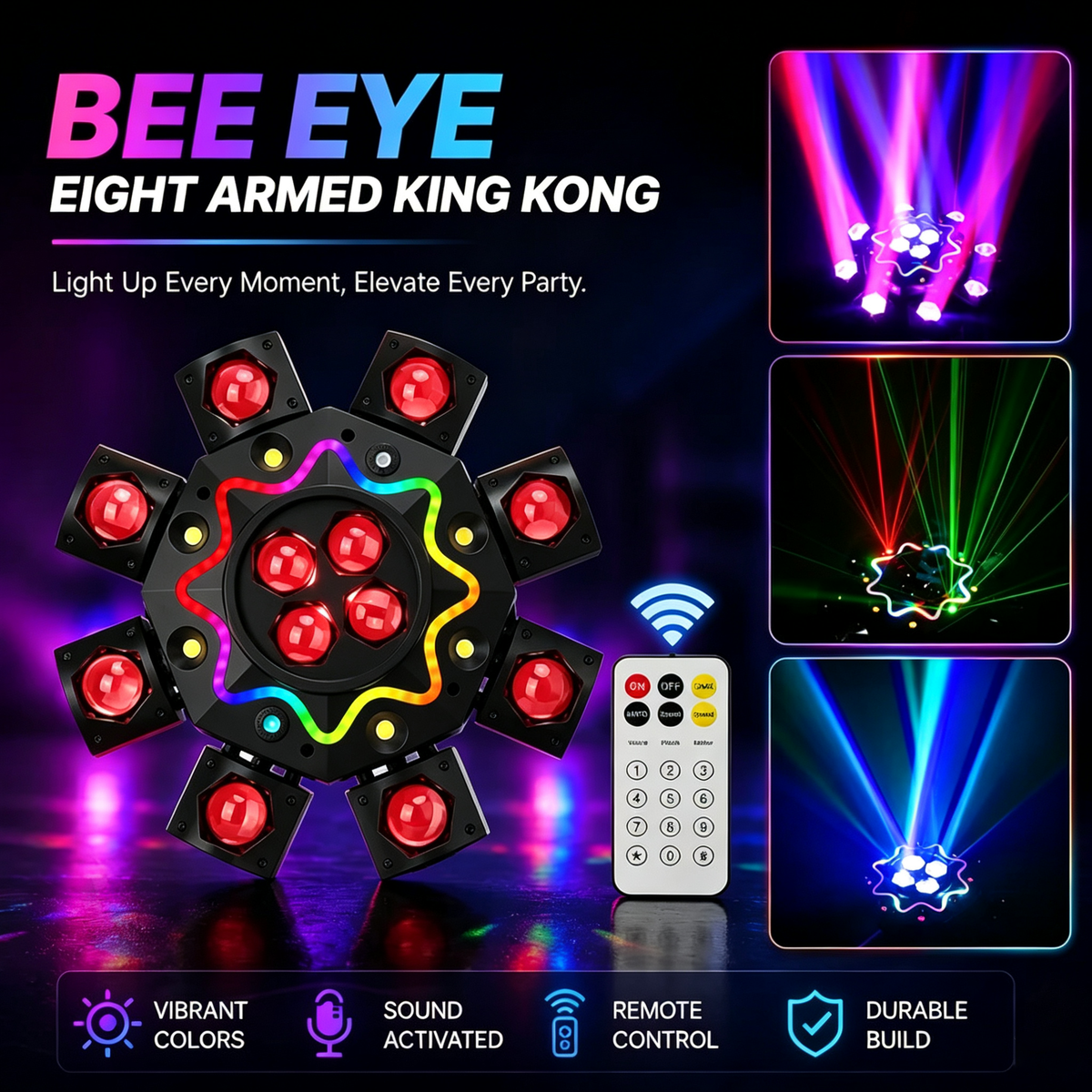 200W Bienenauge 8-ramenné svetlo s pohyblivou hlavou, DJ pódiové osvetlenie s podporou DMX512, RGBW 4-v-1 LED párty svetlo s diaľkovým ovládaním pre svadby, bary, kluby a diskotéky