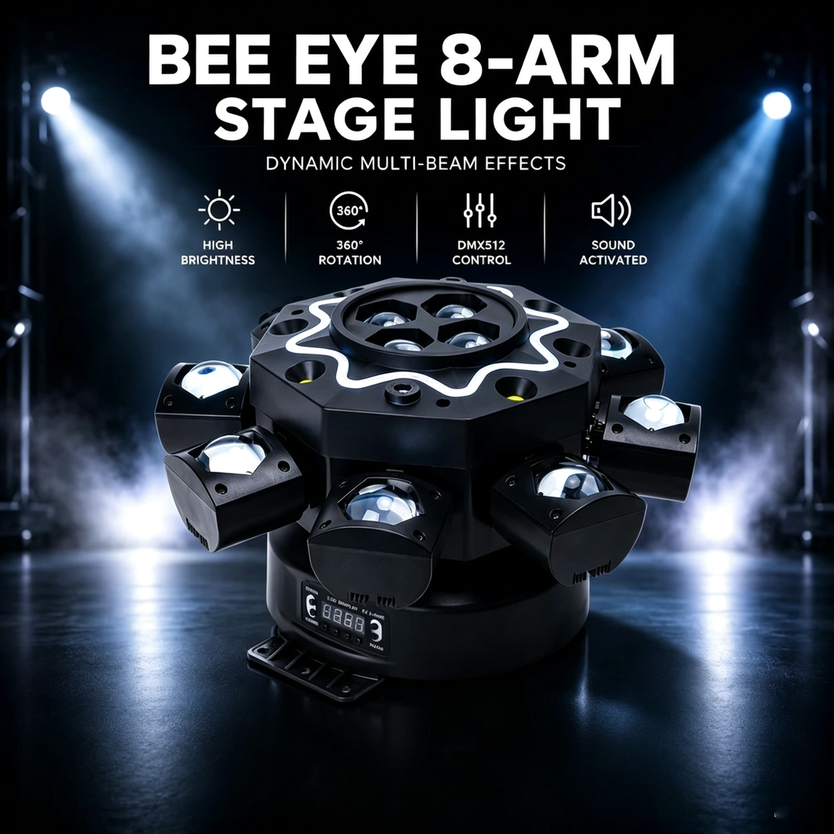 200W Bienenauge 8-ramenné svetlo s pohyblivou hlavou, DJ pódiové osvetlenie s podporou DMX512, RGBW 4-v-1 LED párty svetlo s diaľkovým ovládaním pre svadby, bary, kluby a diskotéky