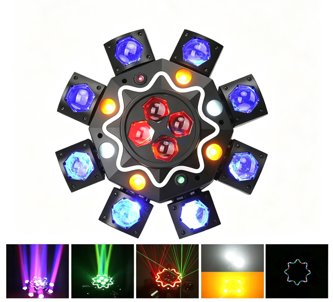 200W Bienenauge 8-ramenné svetlo s pohyblivou hlavou, DJ pódiové osvetlenie s podporou DMX512, RGBW 4-v-1 LED párty svetlo s diaľkovým ovládaním pre svadby, bary, kluby a diskotéky