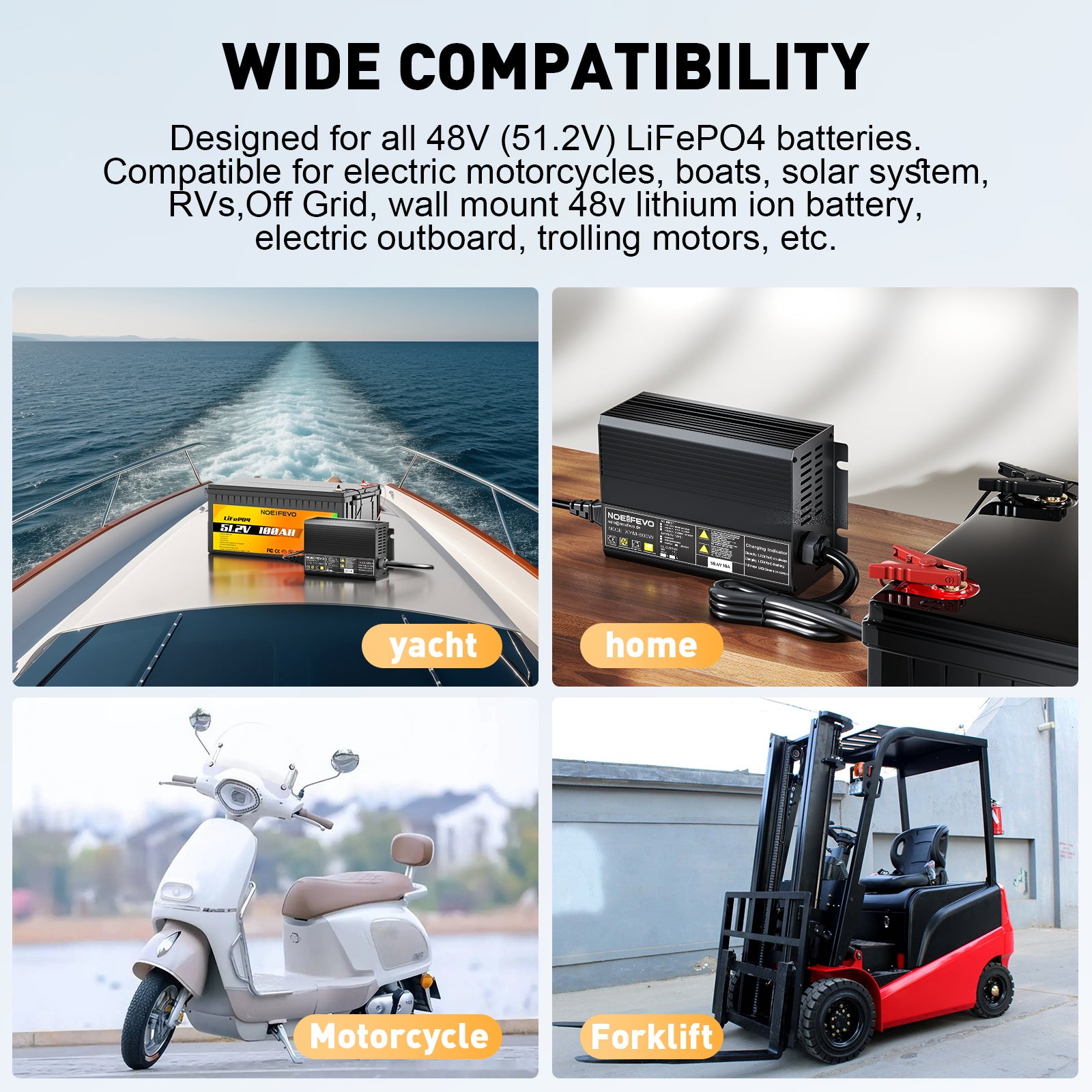 NOEIFEVO 58.4V 10A LiFePO4 Akku-Ladegerät für 51.2V(48V) 16S Lithium Akku Für Golfwagen, Wohnmobile und Elektro-Angelmotoren