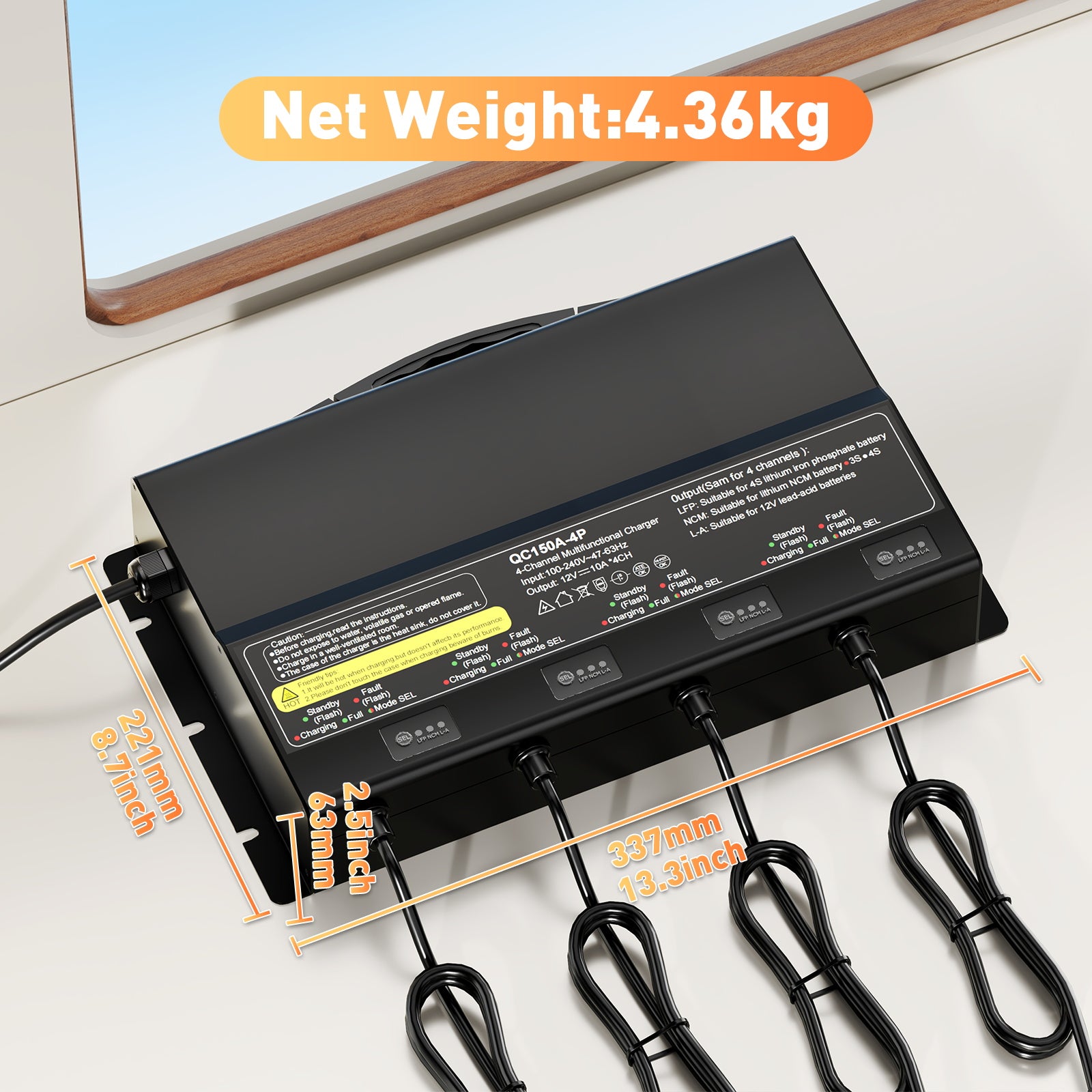 NOEIFEVO 12V 40A 4-Bank (10A/Bank) Universal-Batterieladegerät, 12V wasserdichtes LiFePO4-Lithium-Blei-Säure-Ladegerät für Wohnmobil, Boot, Motorrad, Rasenmäher, Trolling-Motor und Blei-Säure-Batterie