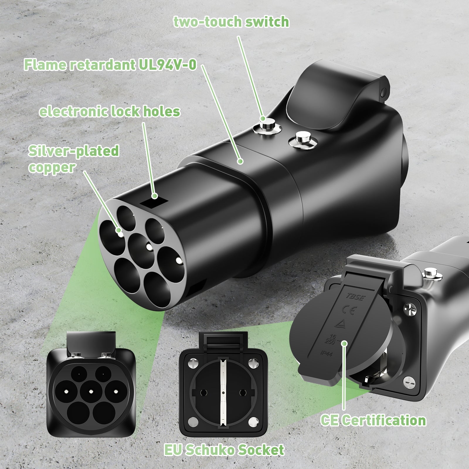 NOEIFEVO Typ 2-auf-Schuko-Adapter, Schuko-Steckdosenadapter zur Stromversorgung vom EV-Ladegerät oder der EV-Ladestation, mit Entriegelungstaste, CP- und PP-Kommunikationsprotokoll