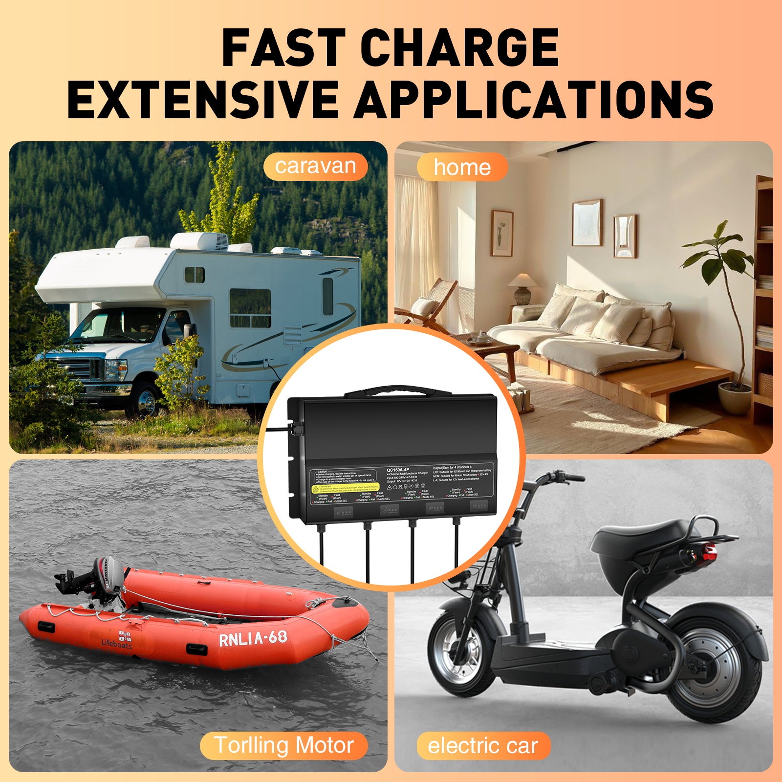 NOEIFEVO 12V 40A 4-Bank (10A/Bank) Universal-Batterieladegerät, 12V wasserdichtes LiFePO4-Lithium-Blei-Säure-Ladegerät für Wohnmobil, Boot, Motorrad, Rasenmäher, Trolling-Motor und Blei-Säure-Batterie