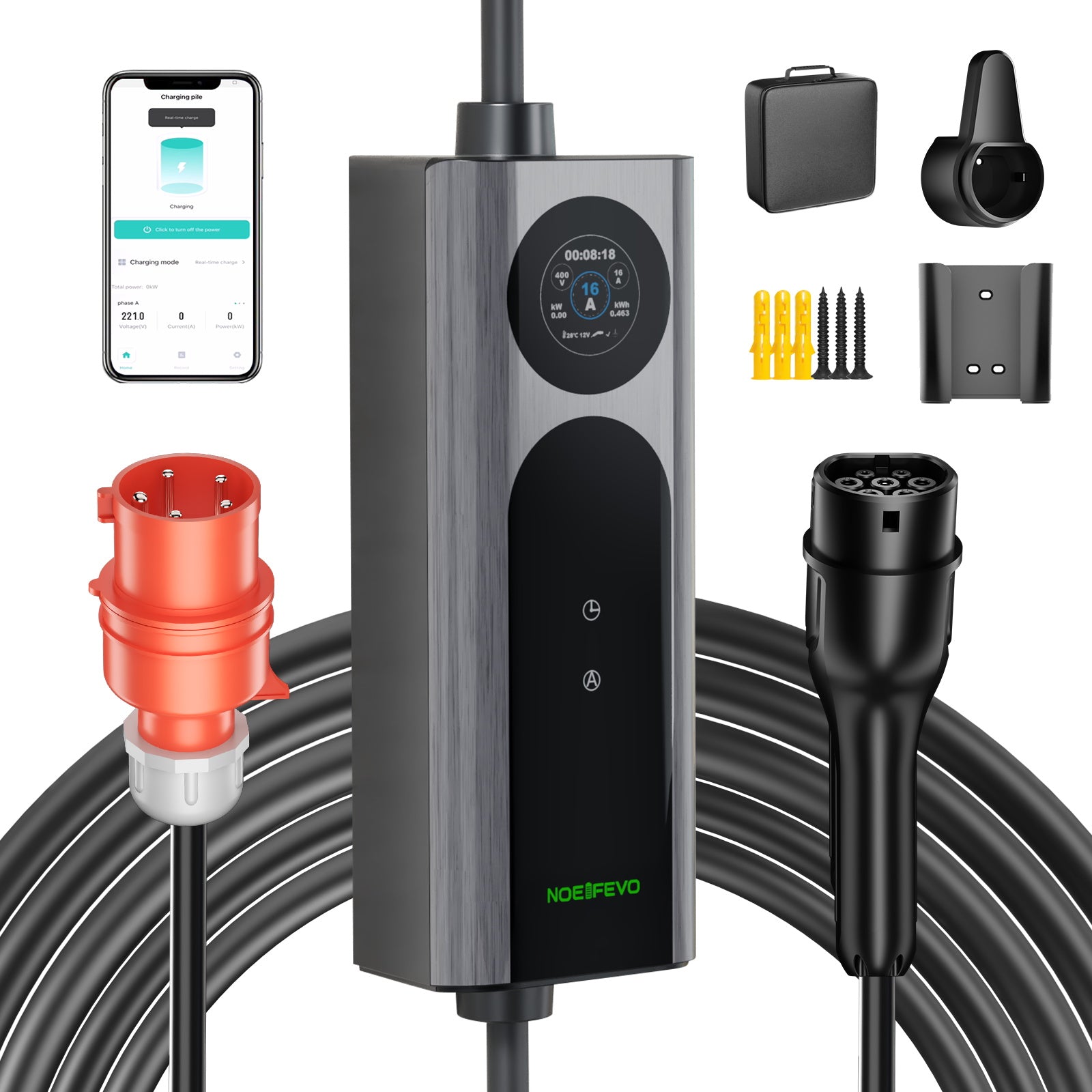 NOEIFEVO Q21W Wlan Mobile Wallbox 11kW mit APP Fernsteuerung ,5m/10m Typ2 CEE16A 3Phase Ladekabel Elektroauto