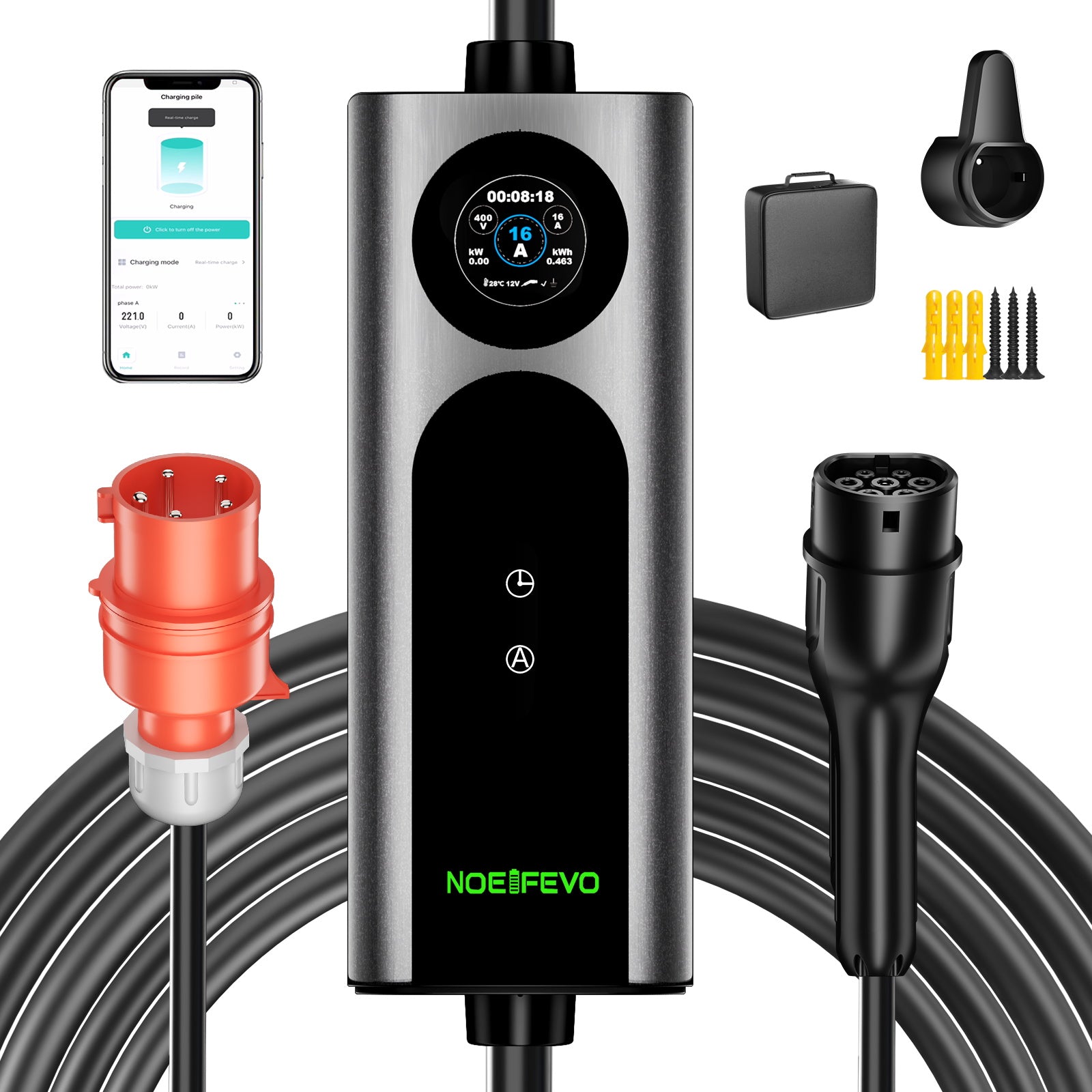 Noeifevo Typ2 Mobile EV Wallbox, 11KW 3-phasig CEE16A Einstellbarer Ladeleistung EV Ladegerät, 5m/10m/15m EV Ladekabel für Model Y/3, ID.3/4/5, MG4, EX30, e-up, e-tron, Zoe und andere EV