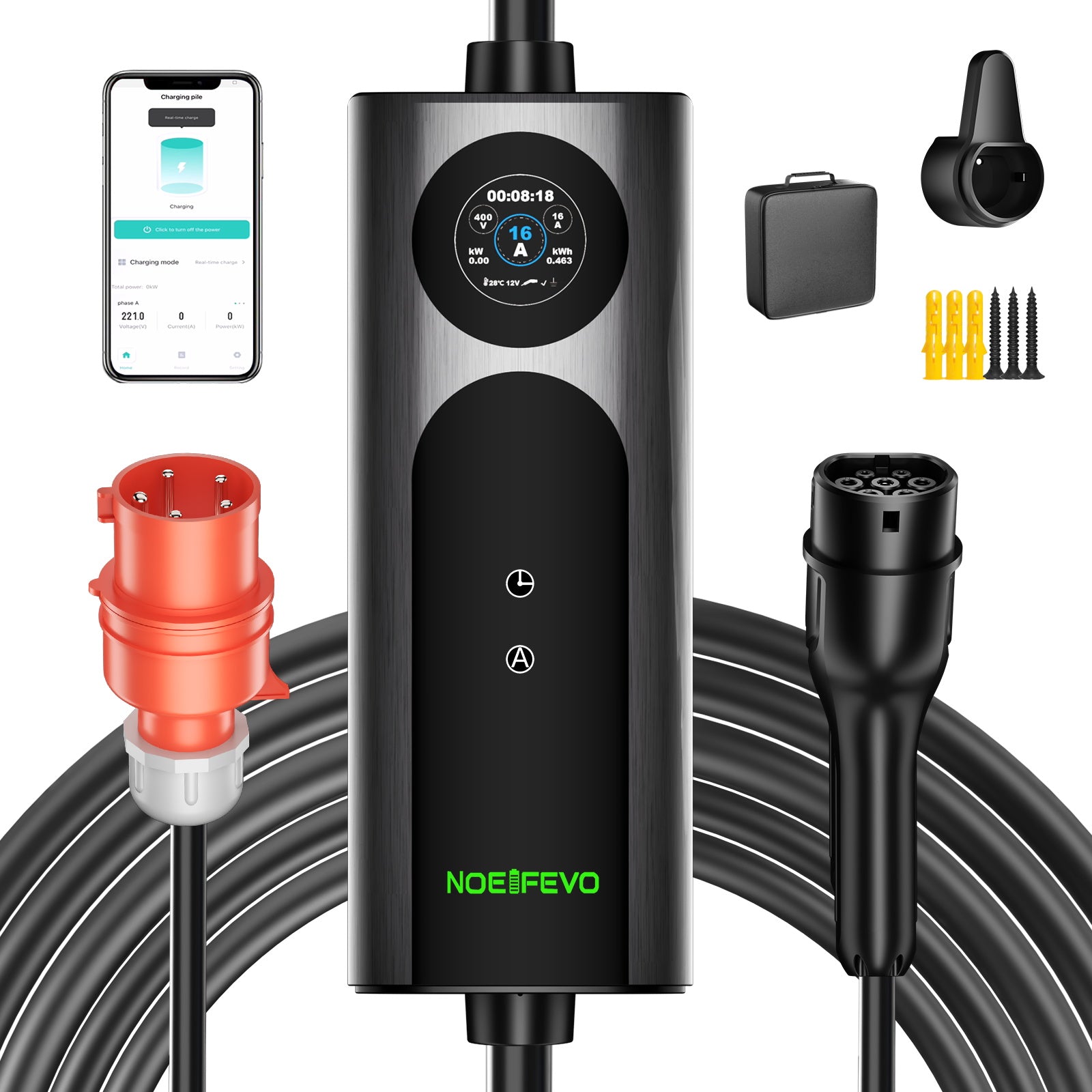 NOEIFEVO Q21W Wlan Mobile Wallbox 11kW mit APP Fernsteuerung ,5m/10m Typ2 CEE16A 3Phase Ladekabel Elektroauto